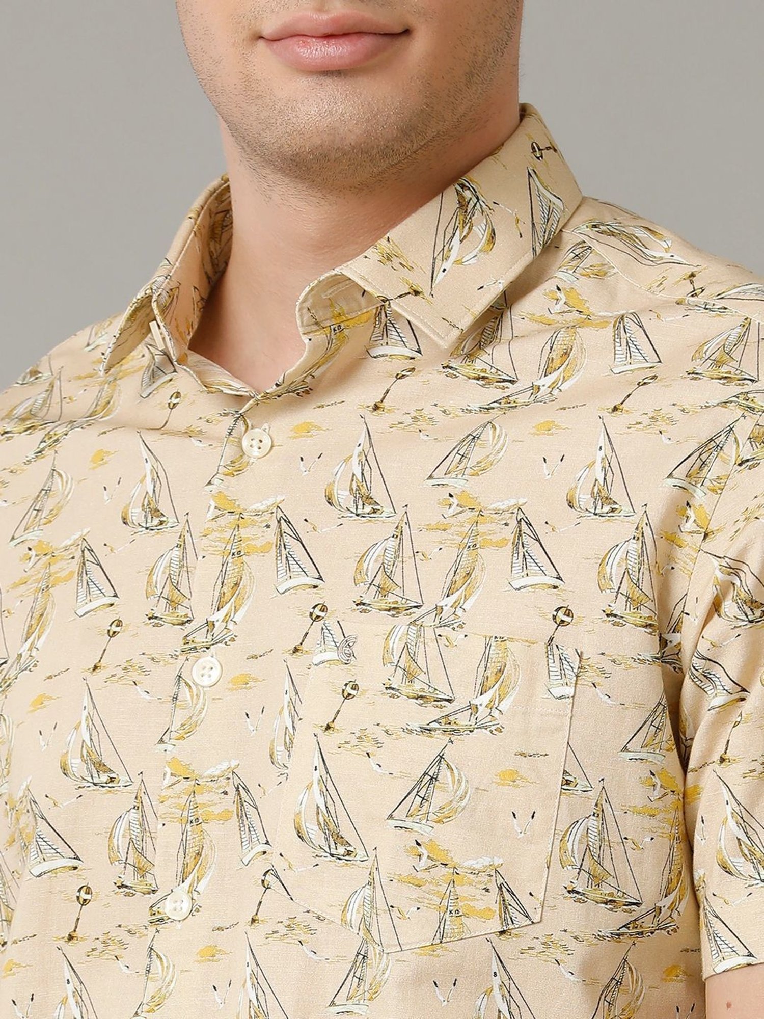 Cavallo By Linen Club Yellow Linen Contemporary Fit Printed Shirt