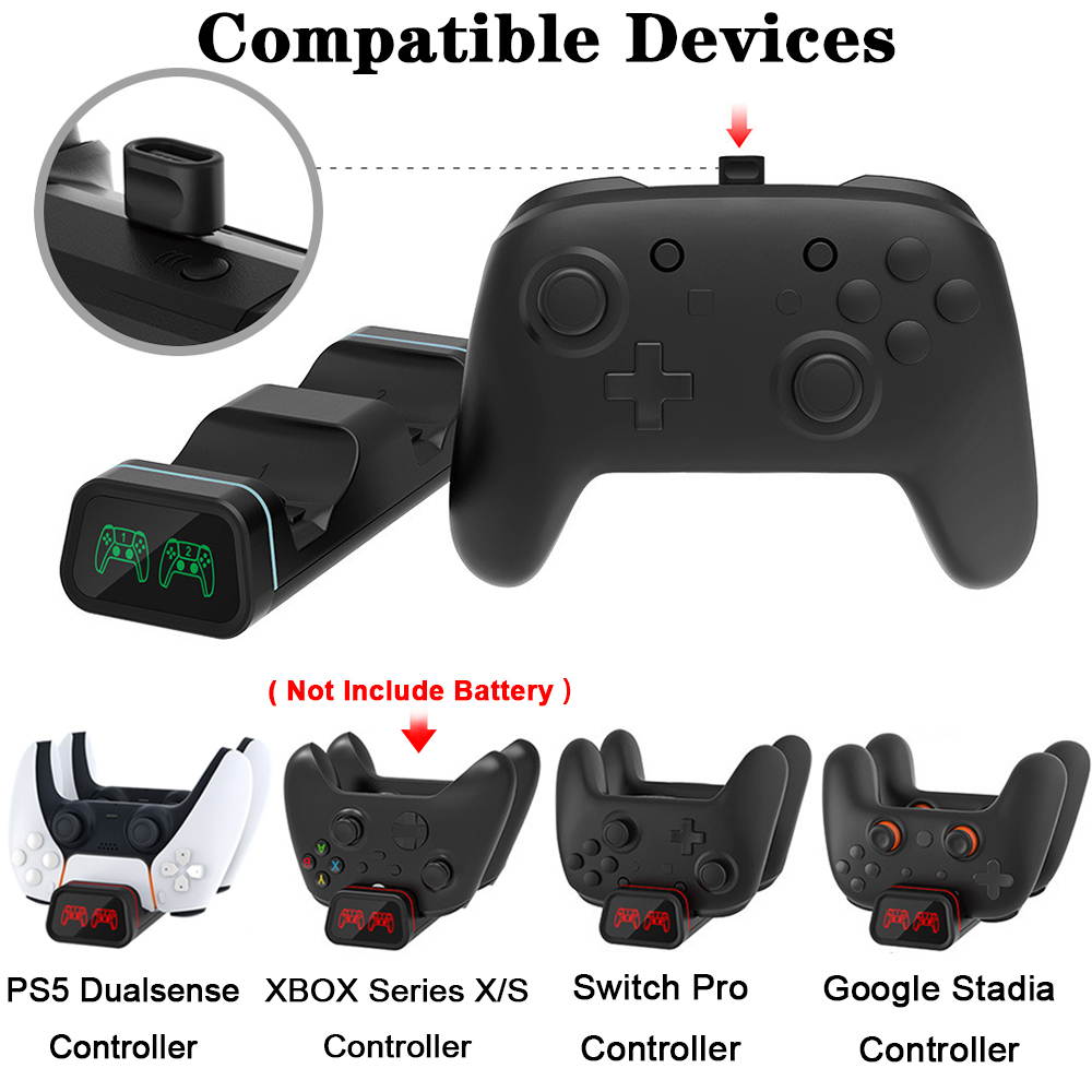 Dualsense Charging Station for Playstation 5, Megadream Dual Charging Dock Controller Charger Compatible with Xbox Series X/S, Xbox Elite 2, Google, Switch Pro, with 2 Type C Adapters & LED Indicator