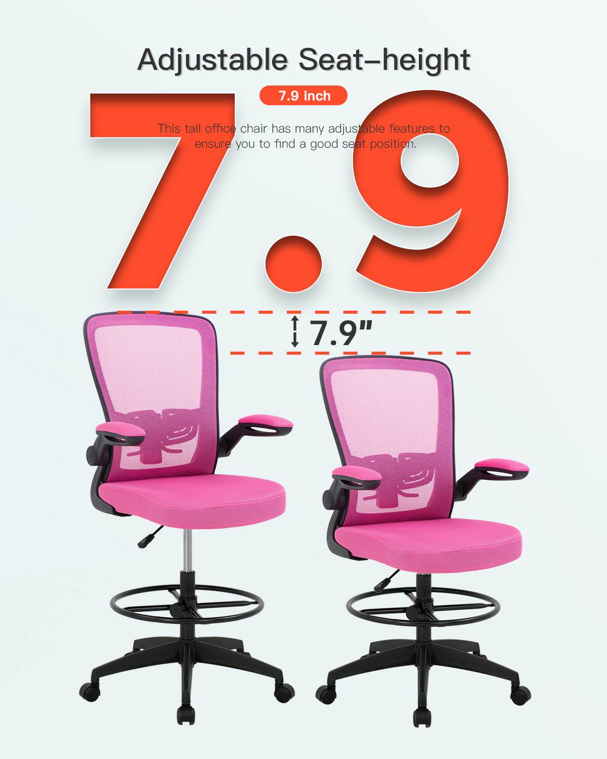 Drafting Chair Tall Office Chair Adjustable Height with Lumbar Support Arms Footrest Mid Back Standing Desk Chair Swivel Rolling Mesh Computer Chair Standing Desk Drafting Stool