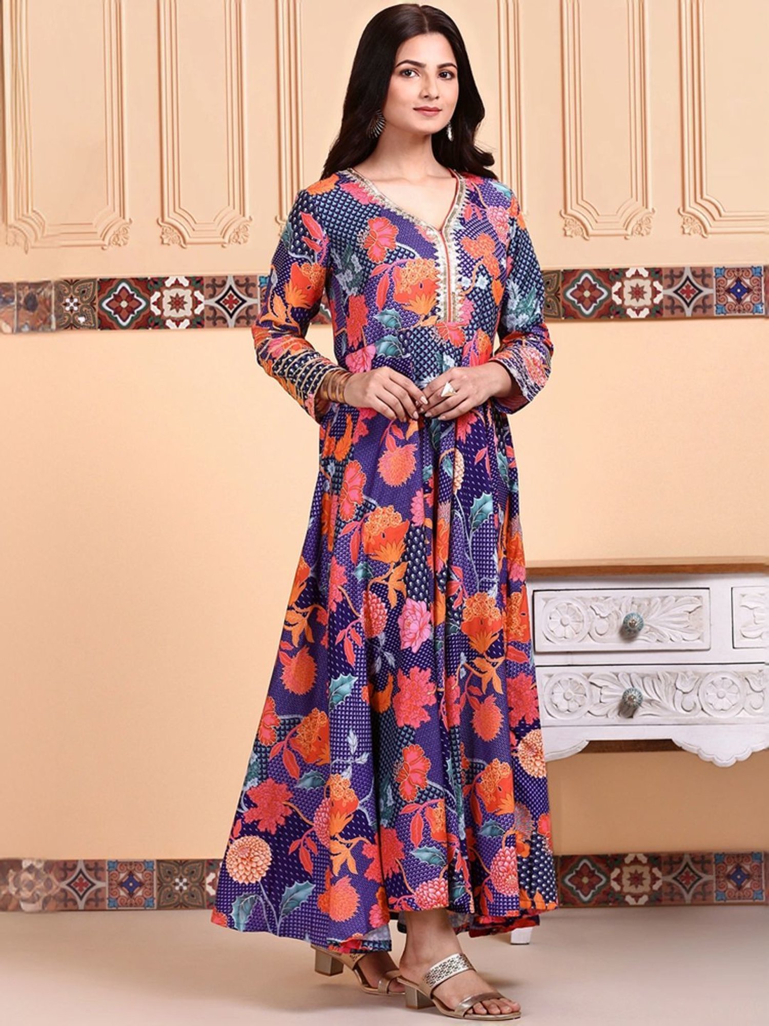 Ishin Navy & Orange Floral Print Dress with Dupatta