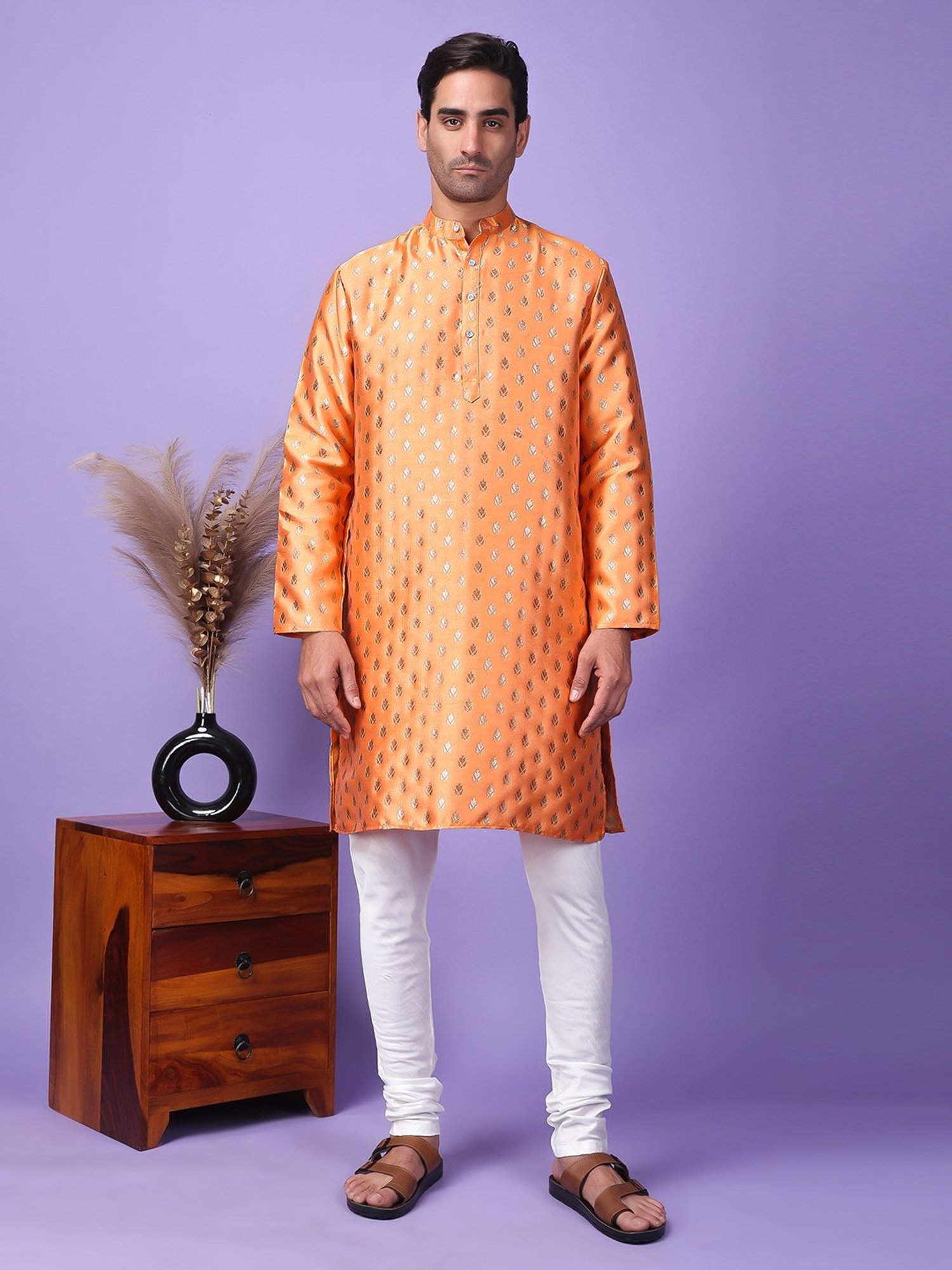 Hangup Orange & White Regular Fit Embellished Kurta Bottom Set