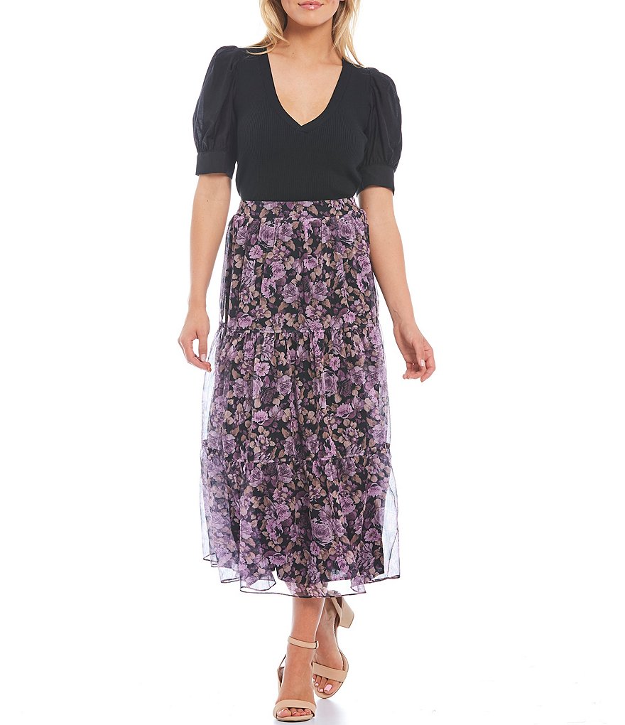 Lucy Paris Bristol Purple Floral Print High Rise Tiered Skirt