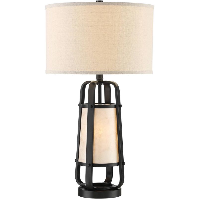 Franklin Iron Works Farmhouse Industrial Table Lamp with Night Light Bronze Metal Natural Mica Linen Drum for Living Room Bedroom