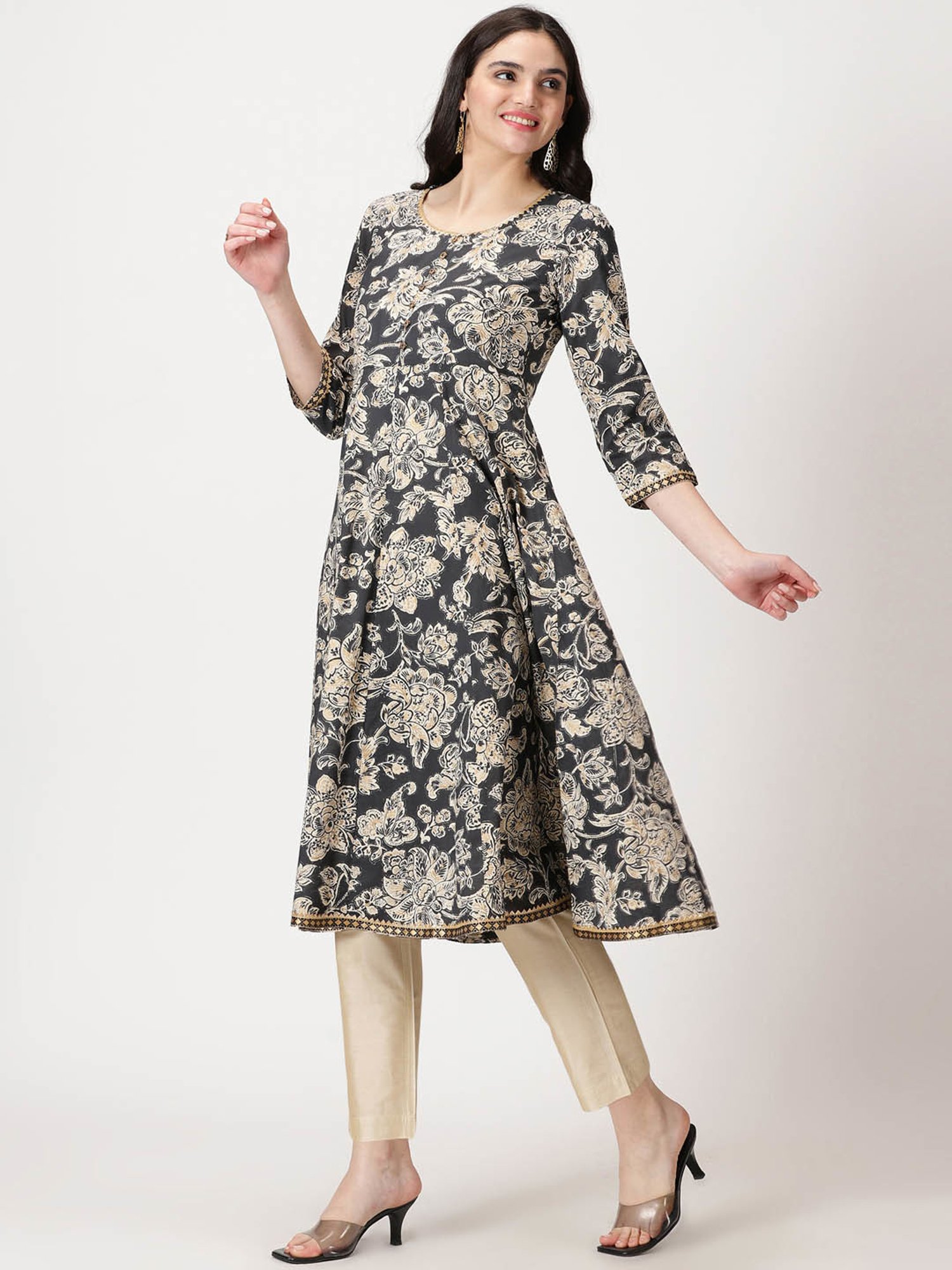 Saffron Threads Black Cotton Floral Anarkali Kurta