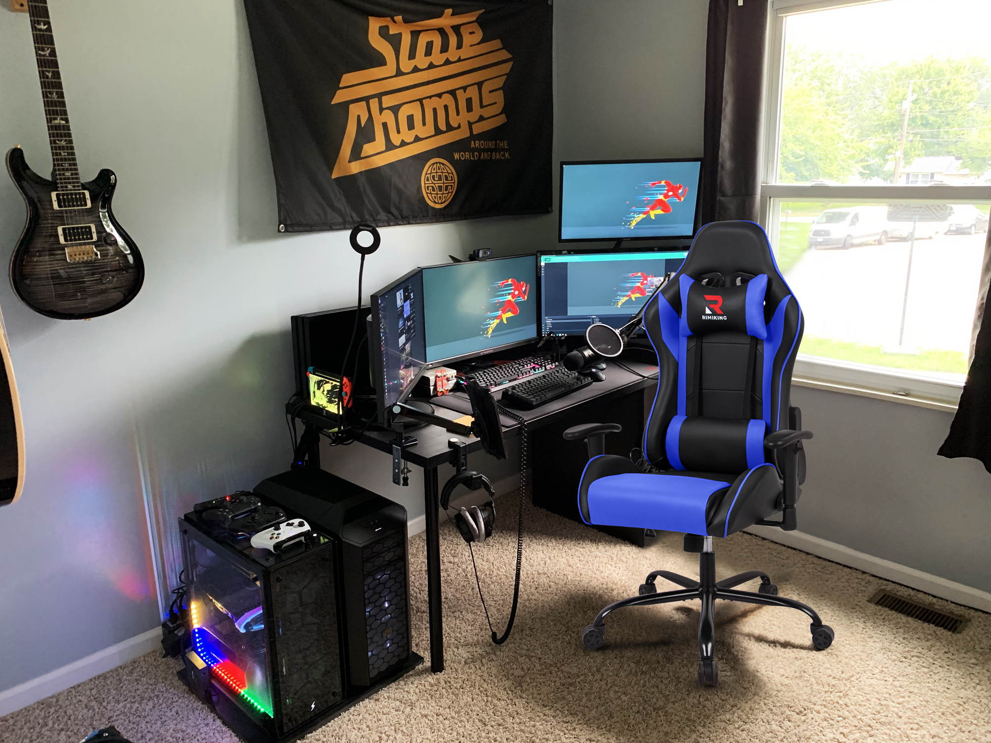 RIMIKING Massage Racing High Back Ergonomic  Computer Gaming Chair  Soft Headrest&Backrest Desk Chair Swivel Adjustable Armrest  Office Chair