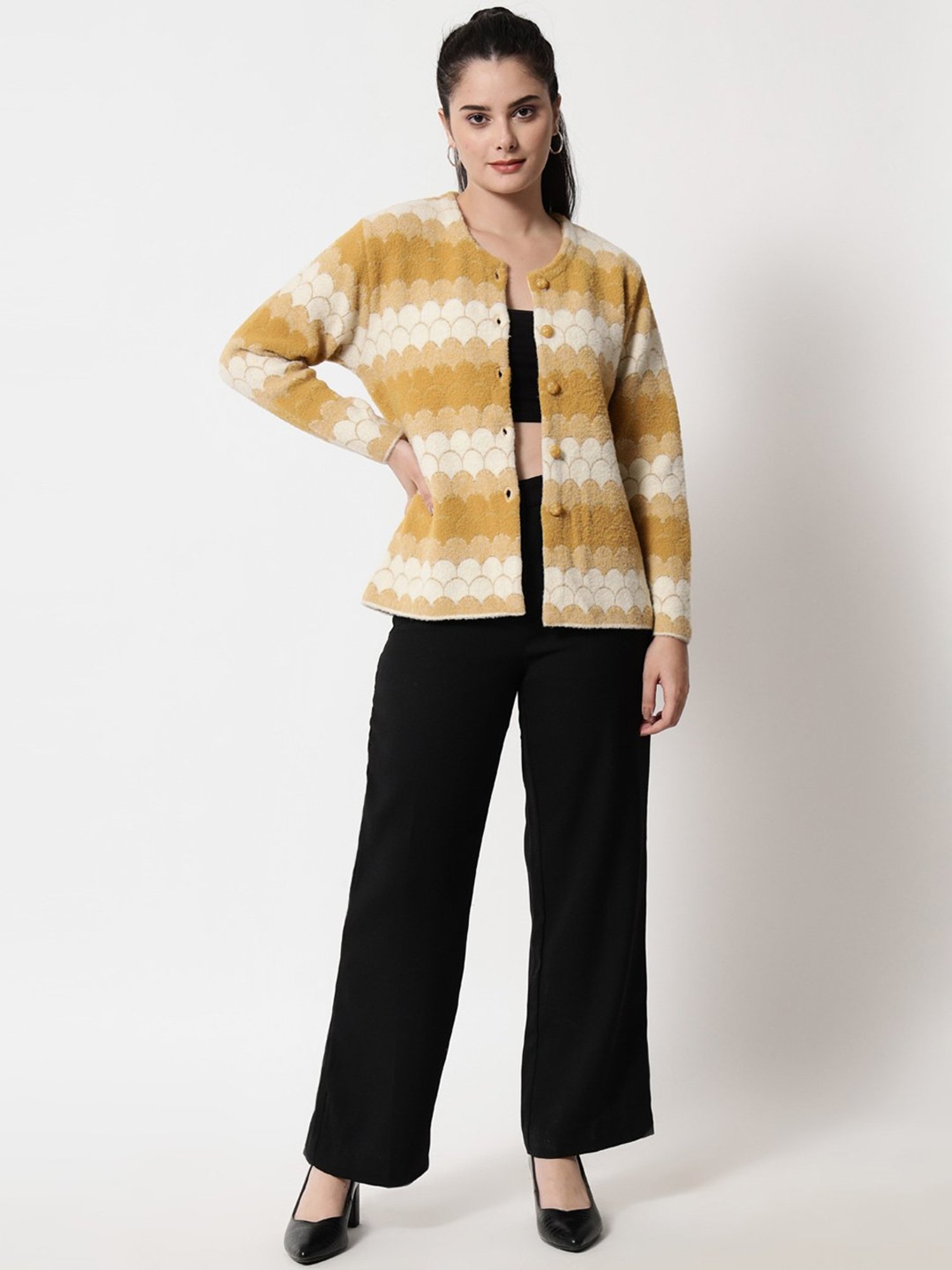 TAB91 Yellow Self Design Cardigan