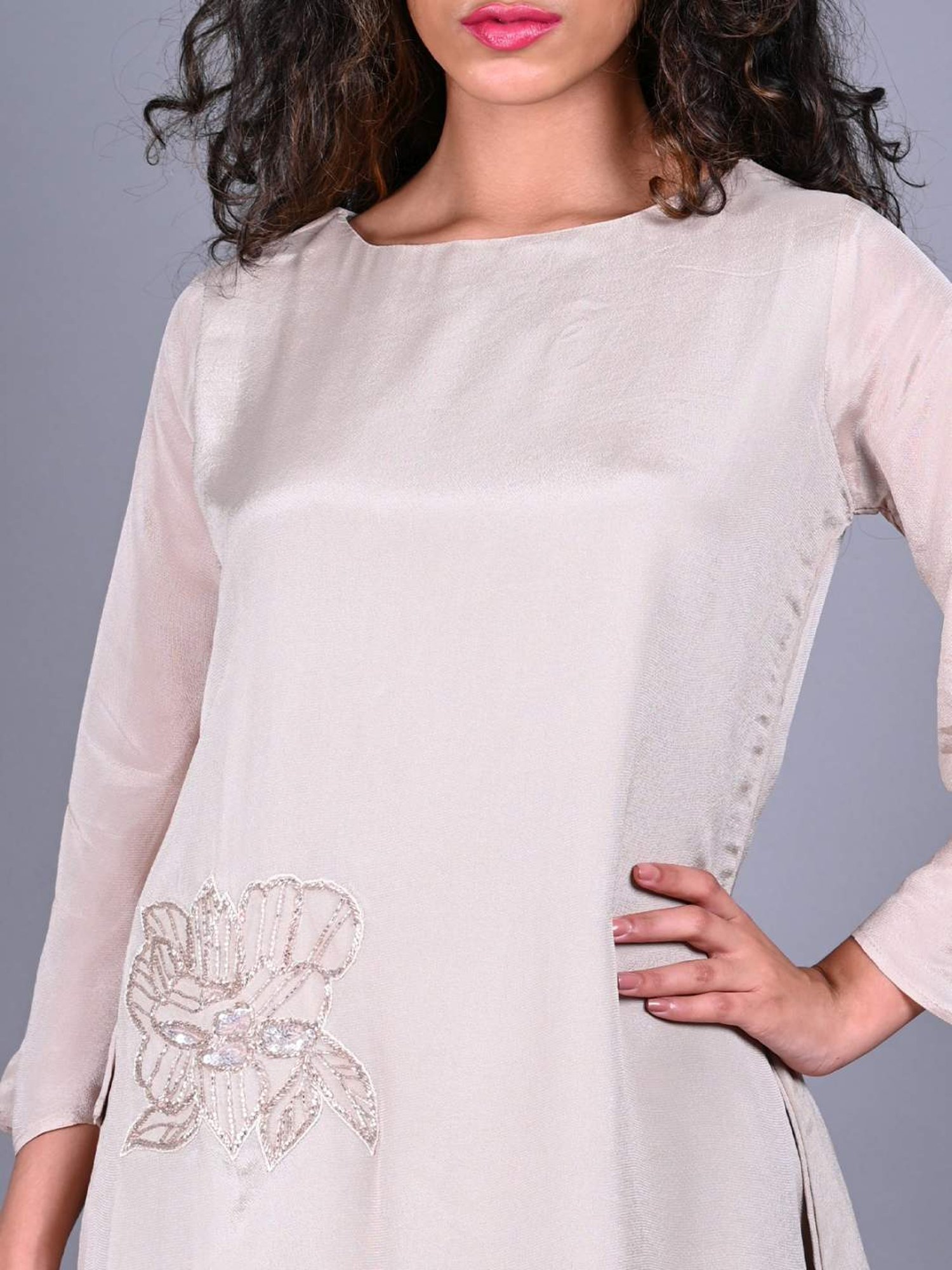 Odette Beige Embellished Tunic Pant Set