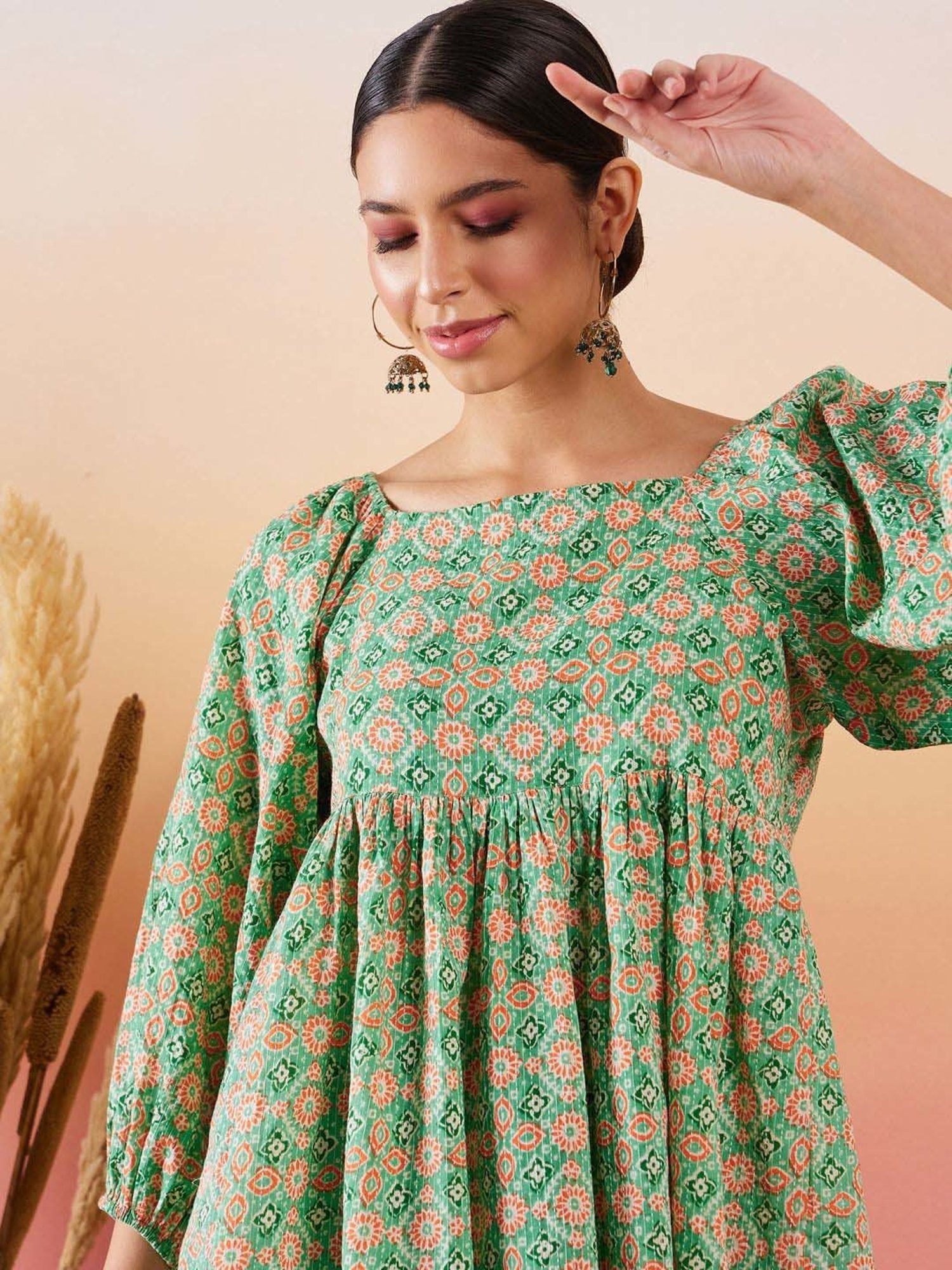 Inweave Green Cotton Printed Top