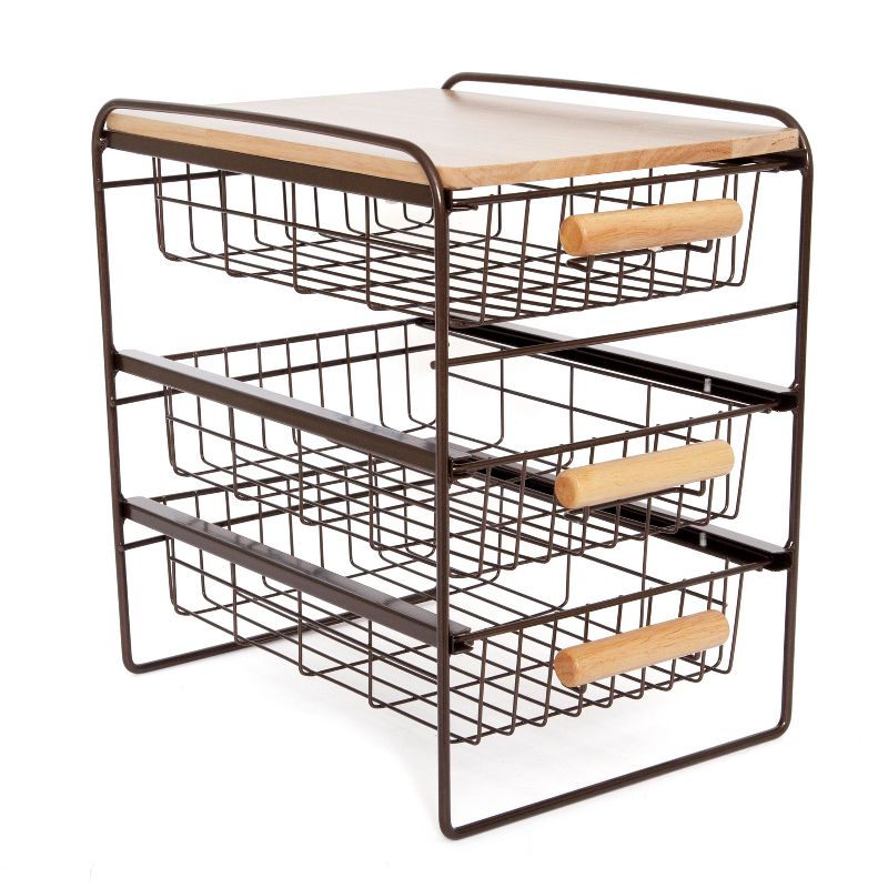 Origami Wood Top Steel Kitchen Organizer 3 Mesh Basket Sliding Drawer, Brown