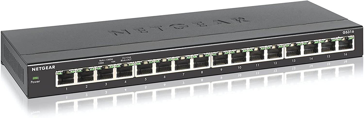 16-Port Gigabit Ethernet Unmanaged Switch (GS316) - Desktop, Fanless Housing for Quiet Operation