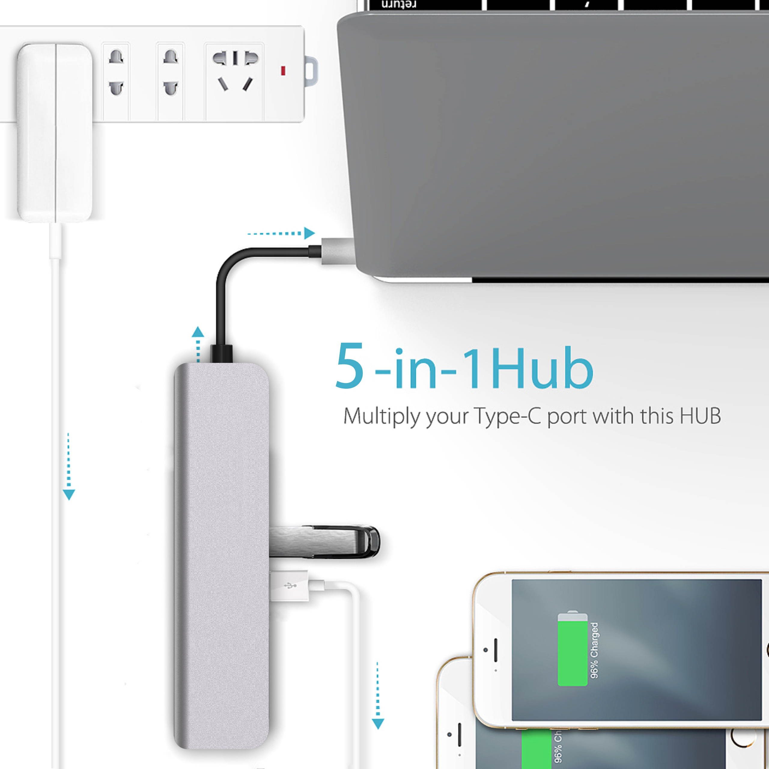 Computer USB converter 4 in 1 hub, HDMI Port Max 4K UHD 3840*2160@30HZ with  3 USB 3.0 Hub Ports up to 5Gbps for data syncing, Suitable for the Mac with TYPE C interface and mouse, card reader,etc.