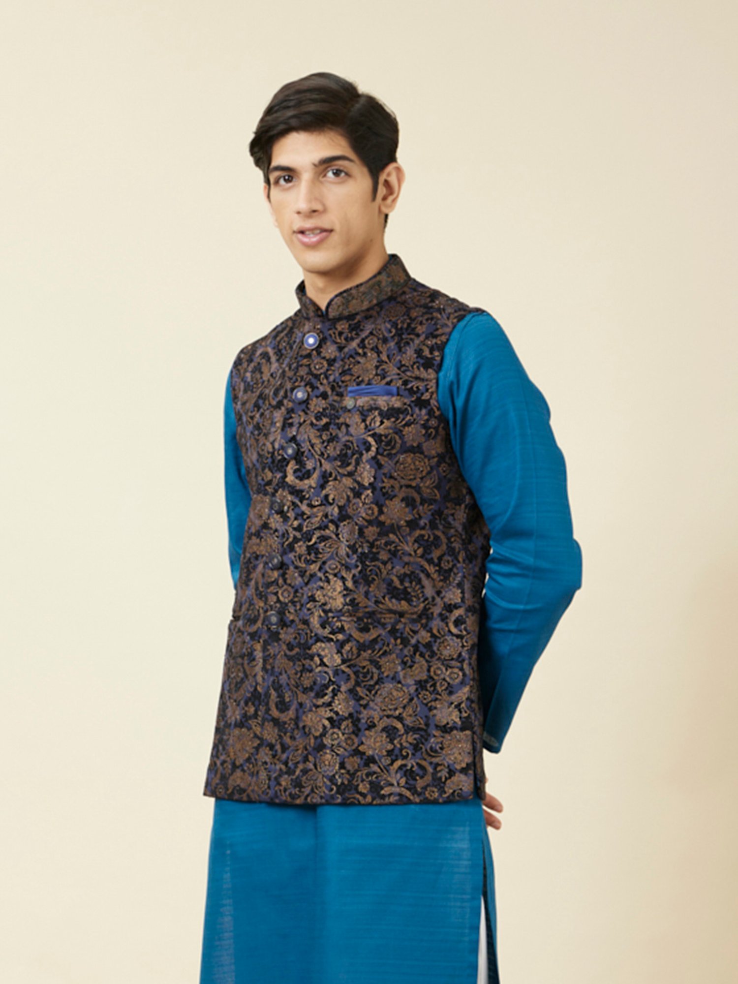 Manyavar Blue Regular Fit Printed Nehru Jacket