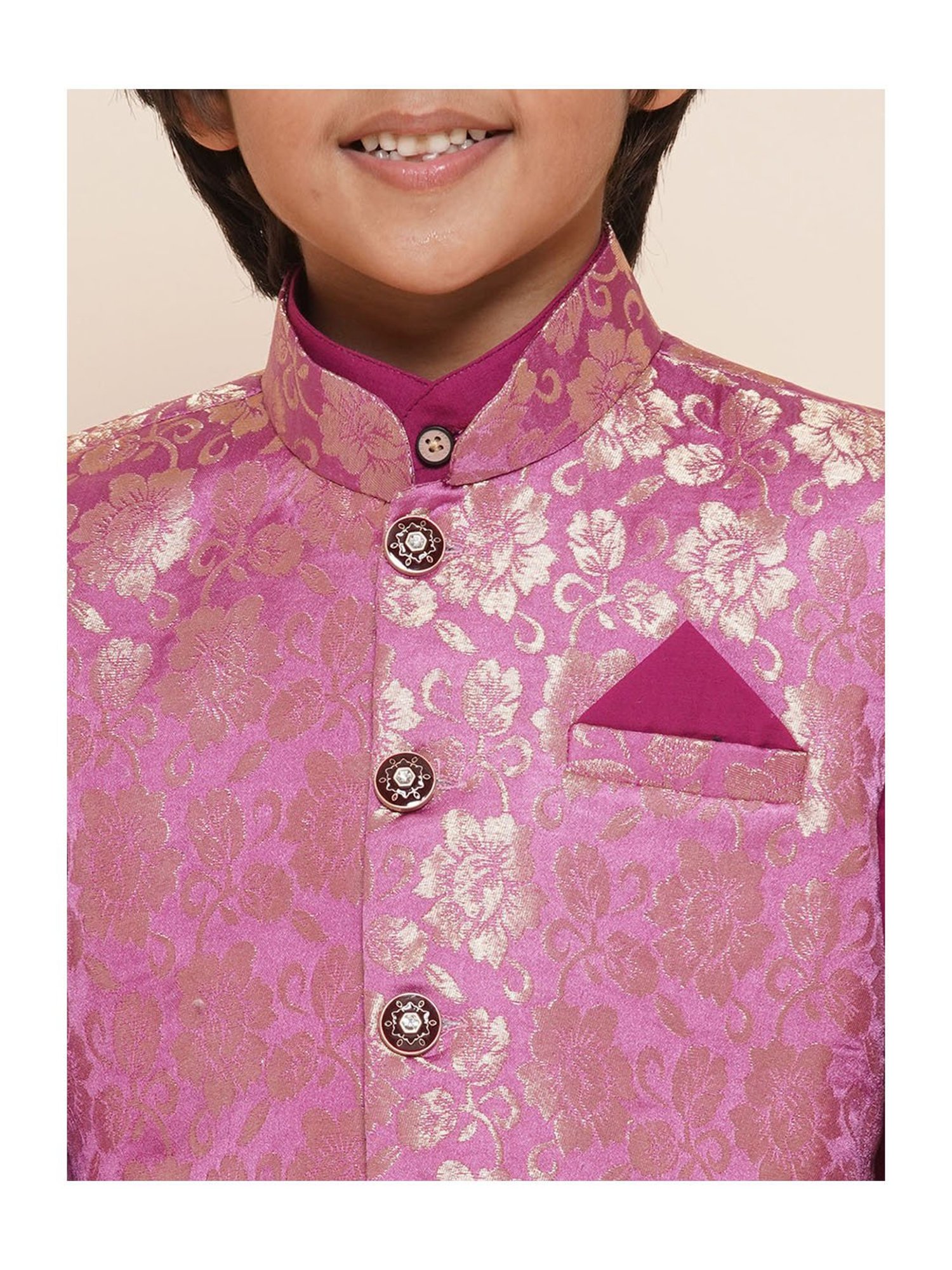 AJ Dezines Kids Pink Floral Print Full Sleeves Kurta, Pyjamas & Waistcoat