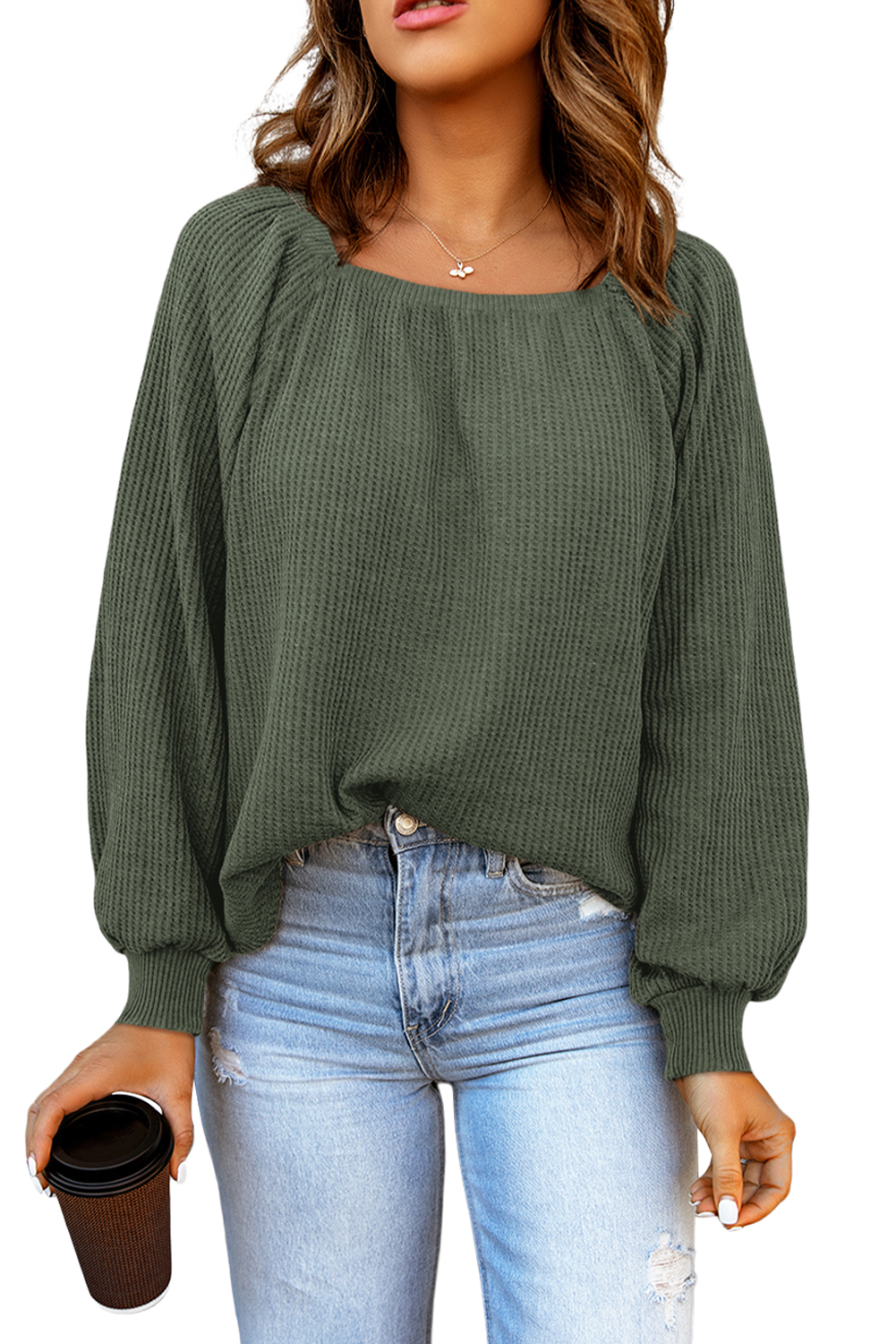 Green Plain Waffle Knit Bishop Sleeve Square Neck Top