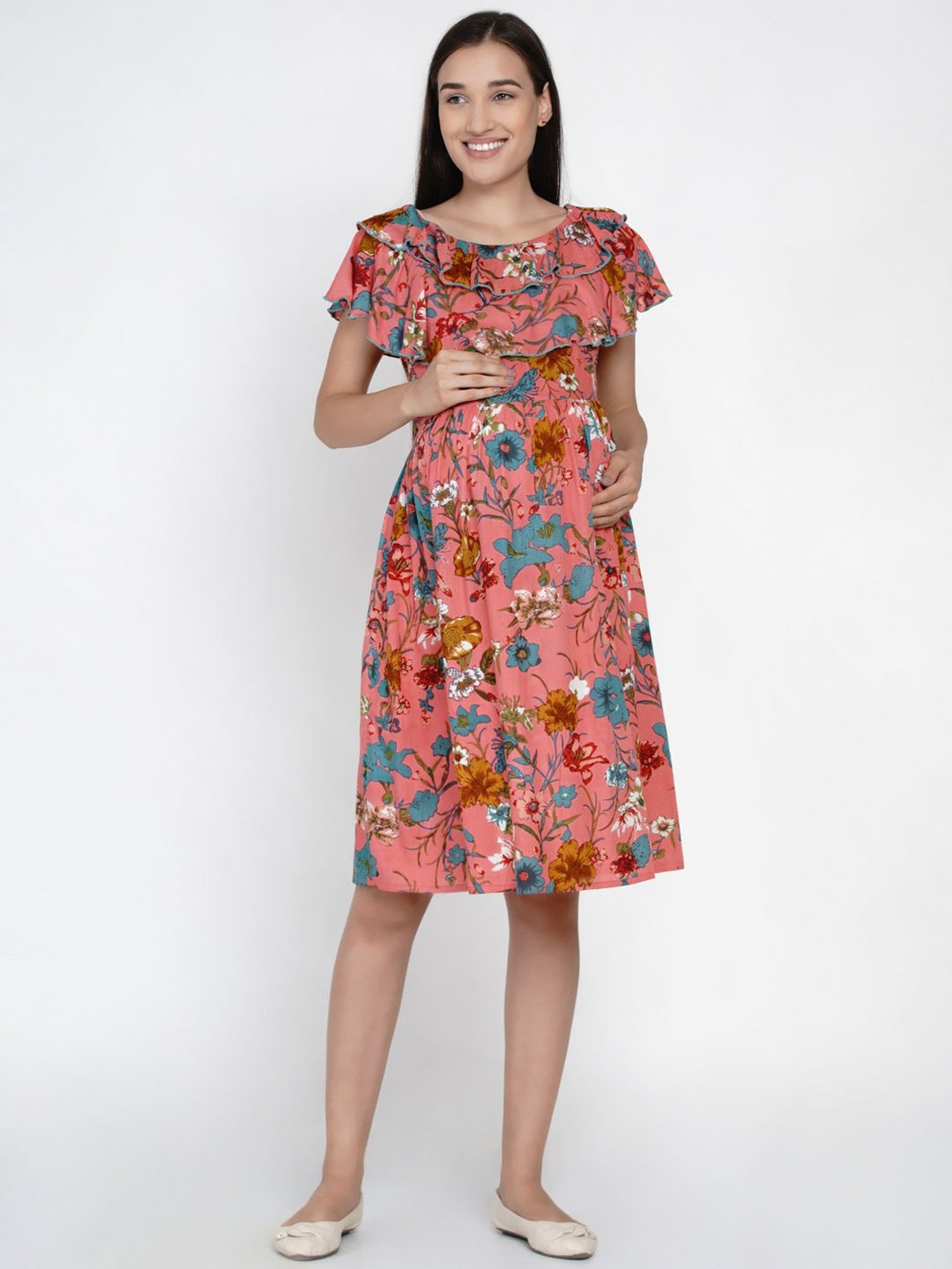 Mine4Nine Pink Floral Print Maternity Dress