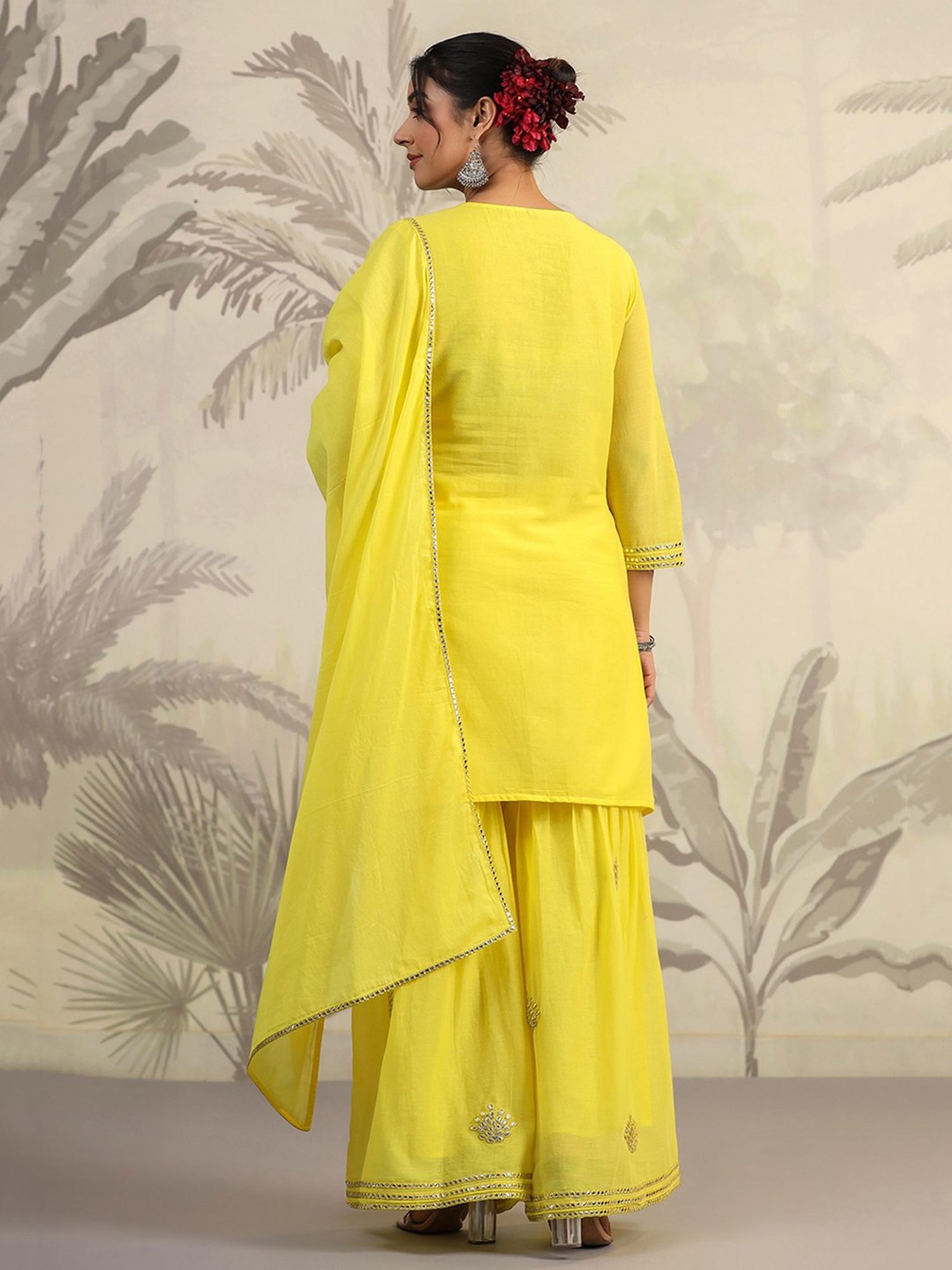 SCAKHI Royal Yellow Cotton Embroidered Kurti Sharara Set With Dupatta