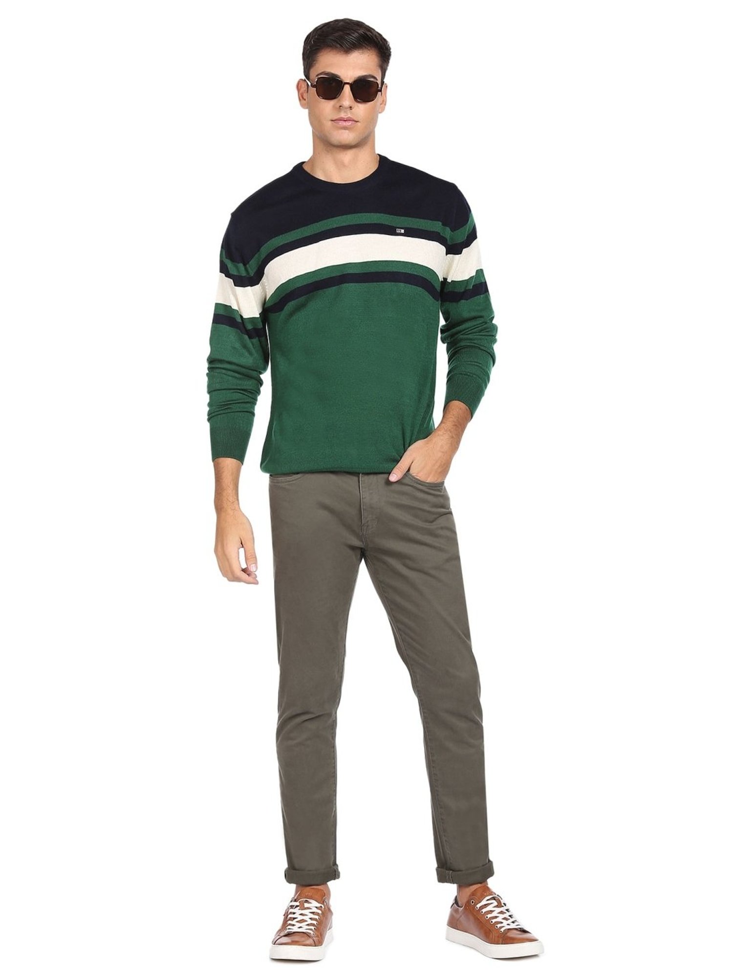 Arrow Sport Dark Green Regular Fit Striped Sweater