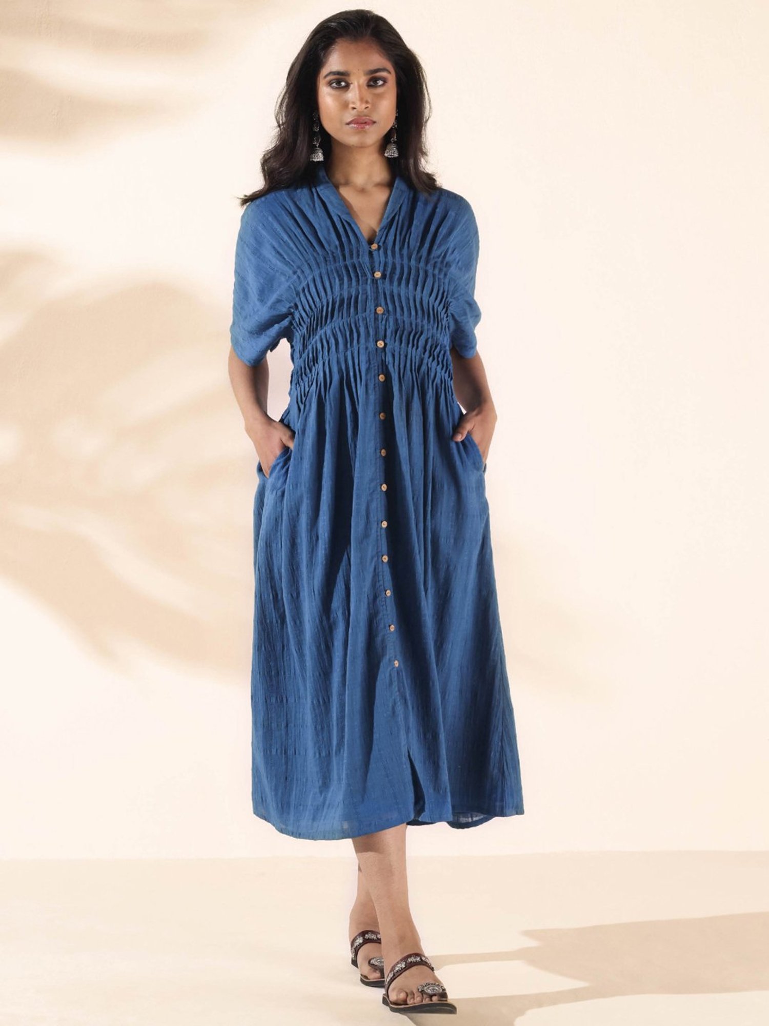 true Browns Blue Cotton Self Pattern A-Line Dress