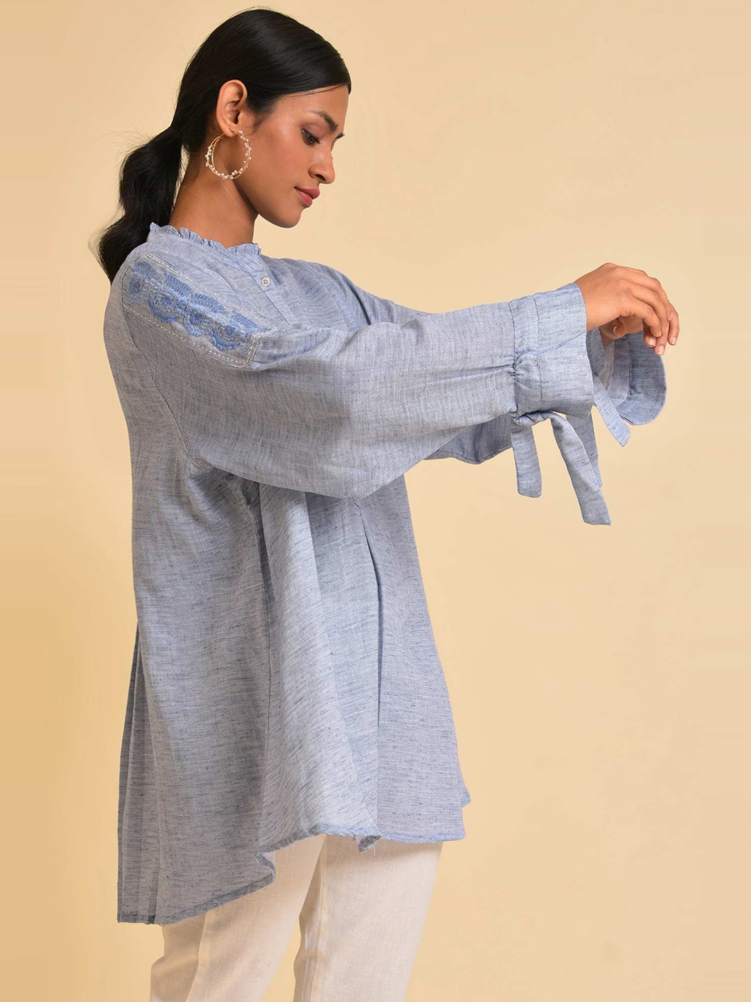 W Blue Cotton Embroidered Top