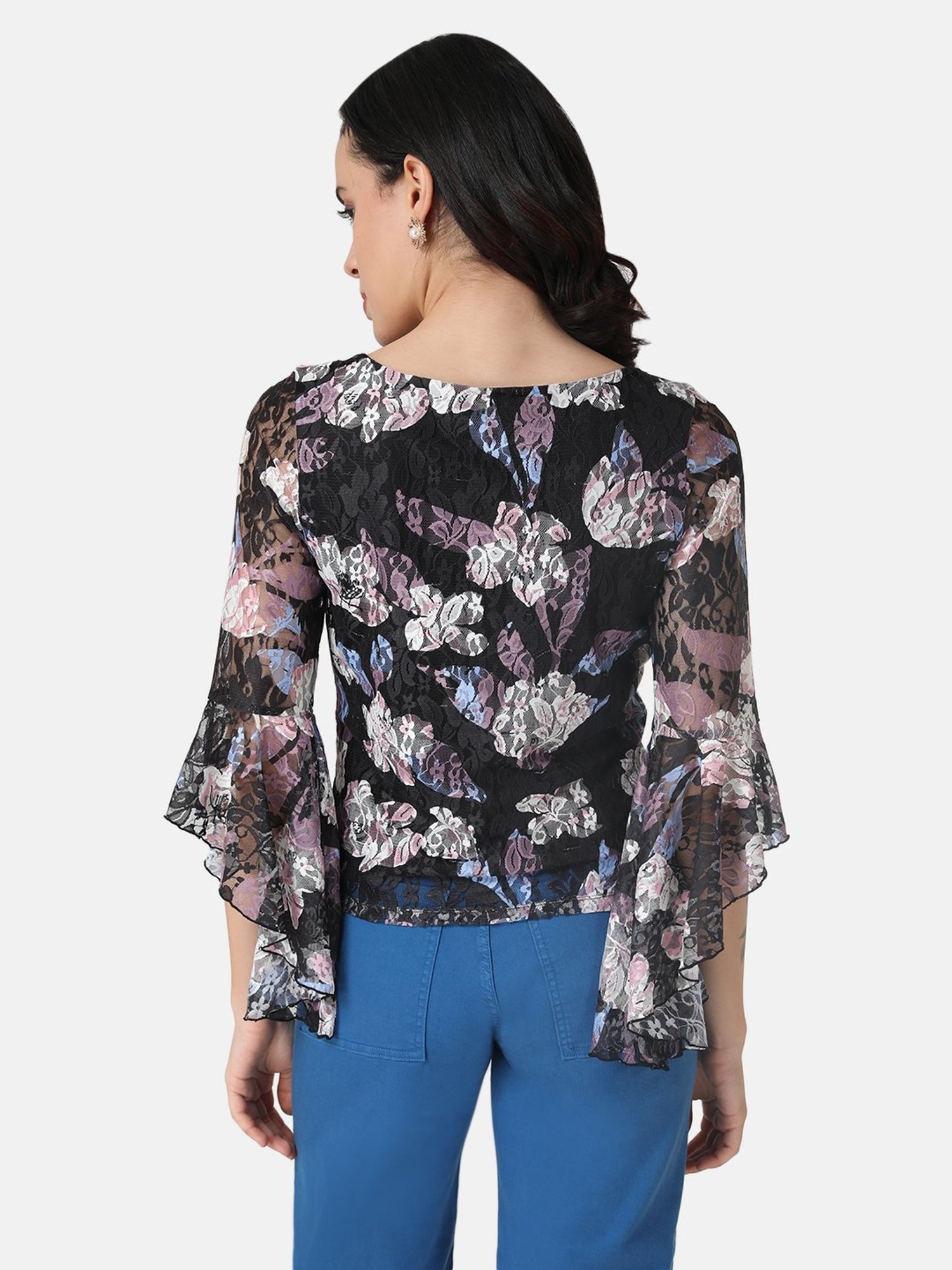 Kazo Printed Lace Top With Bell Sleeves