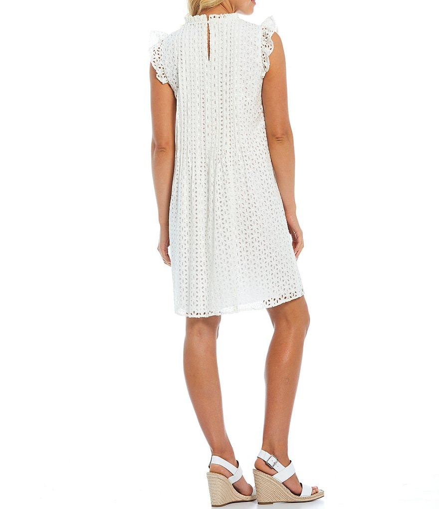 Kensie Ruffle Neck & Shoulder Embroidered Cotton Shift Dress
