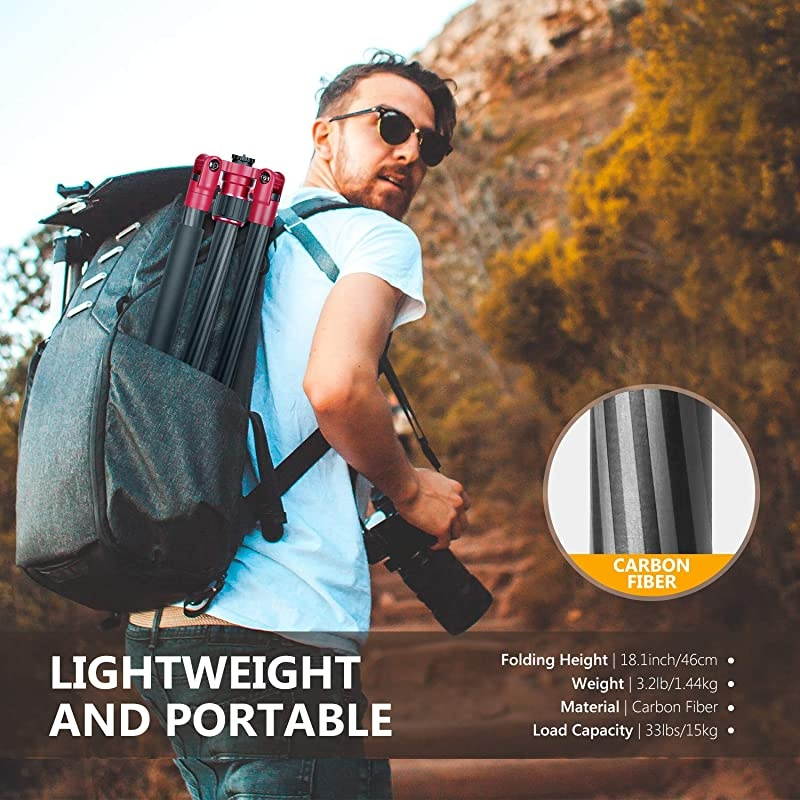 66 inches168 centimeters Carbon Fiber Camera Tripod Monopod with 360 Degree Ball Head 14 inch Quick Shoe Plate and Bag for DSLR Camera Video Camcorder Travel and WorkLoad up to 33lbs15kg