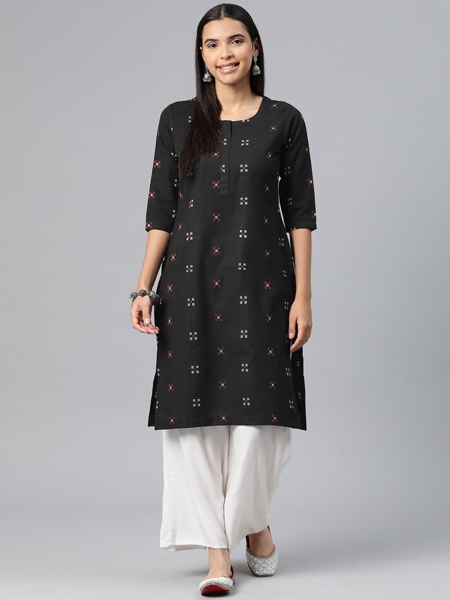 One Femme Black Cotton Self Design A Line Kurti