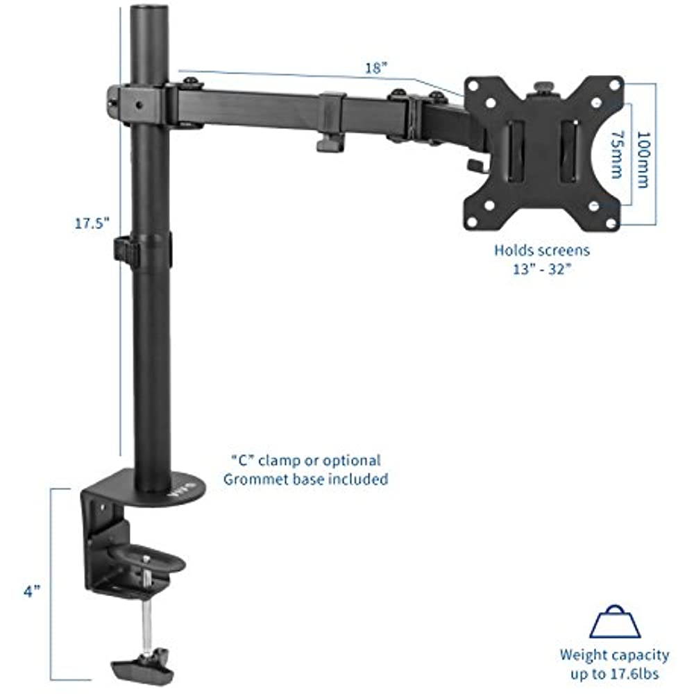 VIVO Full Motion Single VESA Monitor Desk Mount Stand with Double Center Arm Joint | For 13" to 32" Screens (STAND-V101)