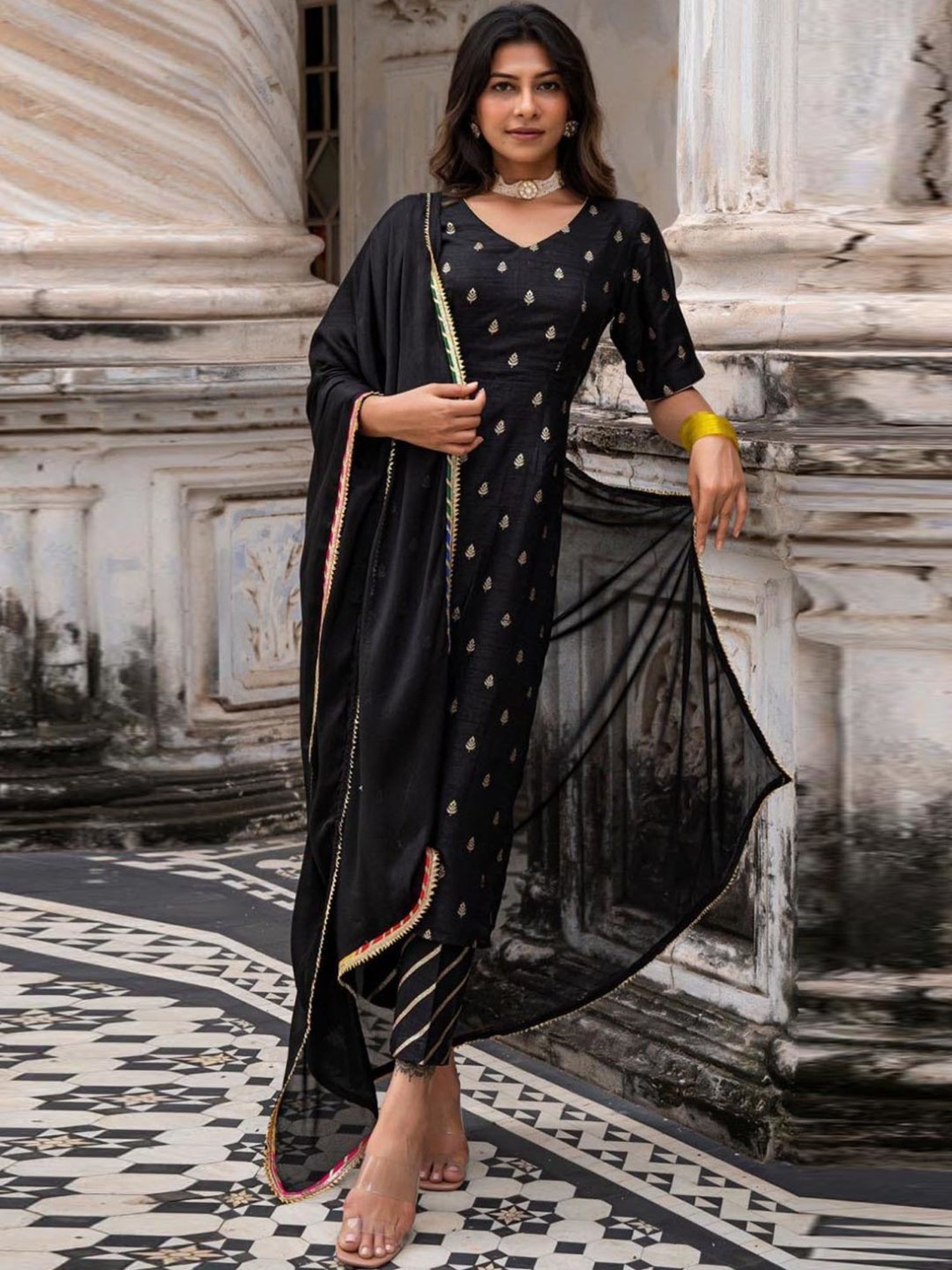 Eeshva India Black Rangaa Re Amee Kurta with Pant and Dupatta in Silk