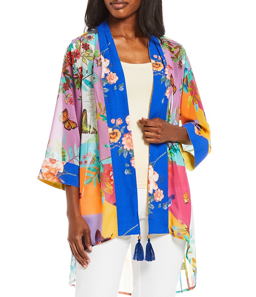 Ali Miles Printed Button Front Floral Wire Neck 3/4 Bell Sleeve Jacket