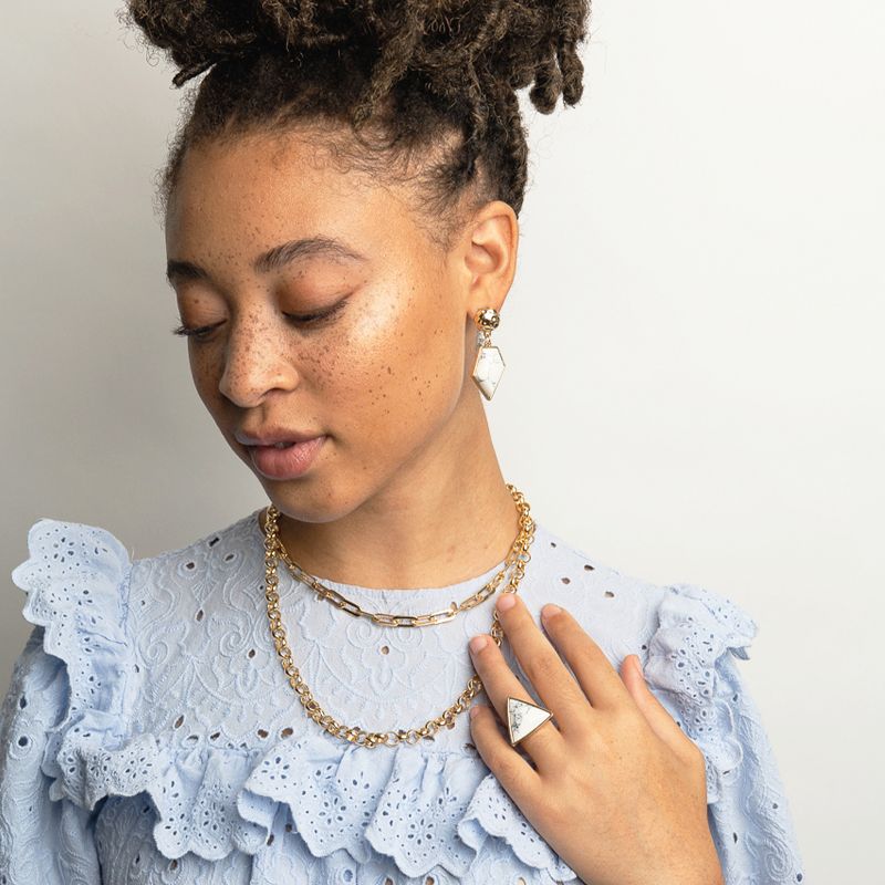 Sanctuary Project Diamond Shaped Semi Precious White Howlite Drop Earrings Gold