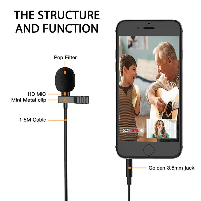 Lapel Microphone, Omnidirectional Mic Compatible with Desktop PC Computer, Mac, Smartphone, iPhone, GoPro, DSLR, Camcorder for Podcast, YouTube, Vlogging, and DJs