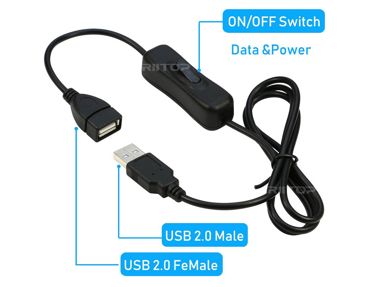 RIITOP USB Inline Switch Extension Cable 3Ft with ON/Off Switch Button, USB Male to Female Cable Support (Data and Power) for USB Headset, LED Strips(2-Pack)