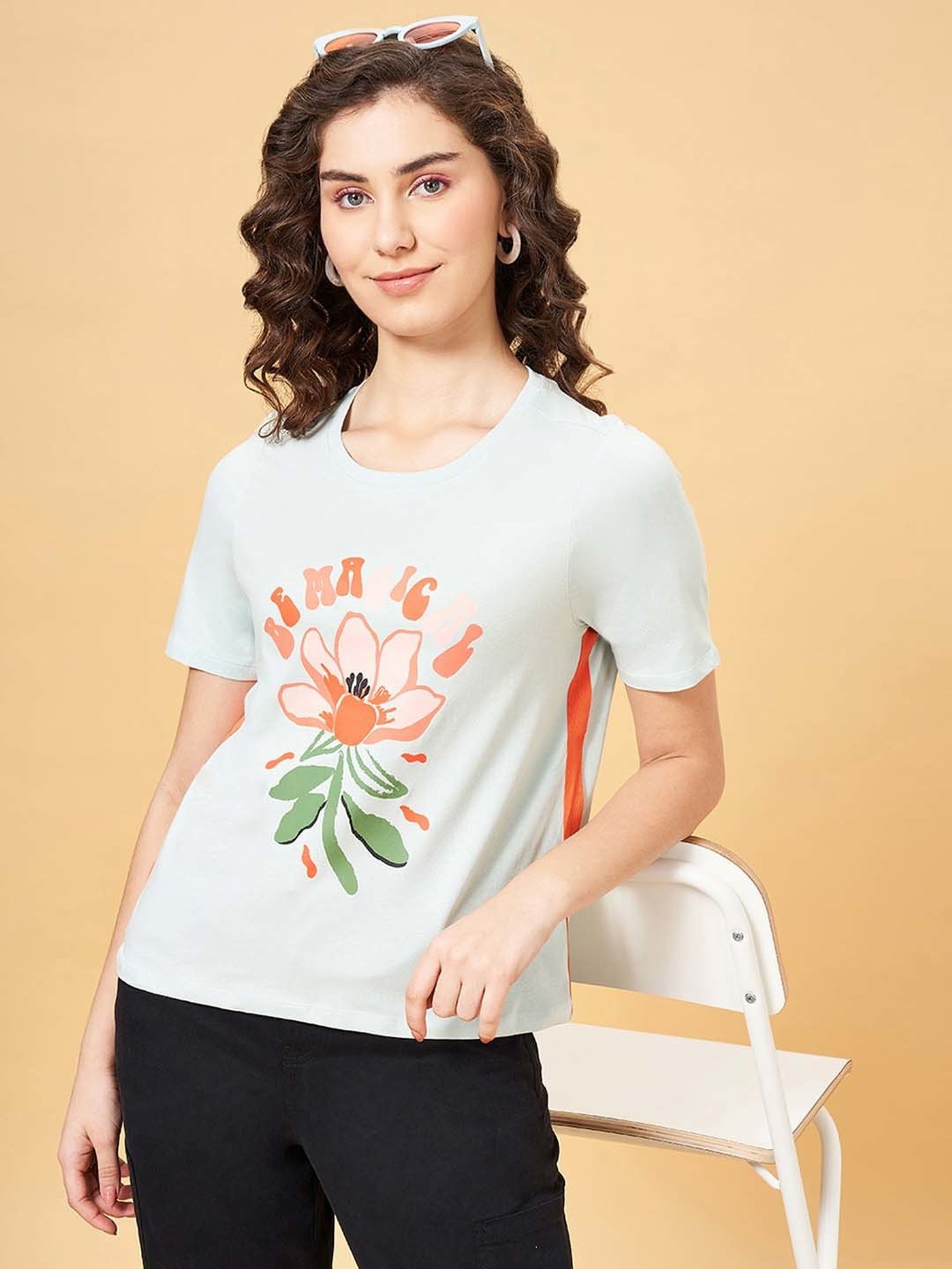 People by Pantaloons Green Cotton Printed T-Shirt