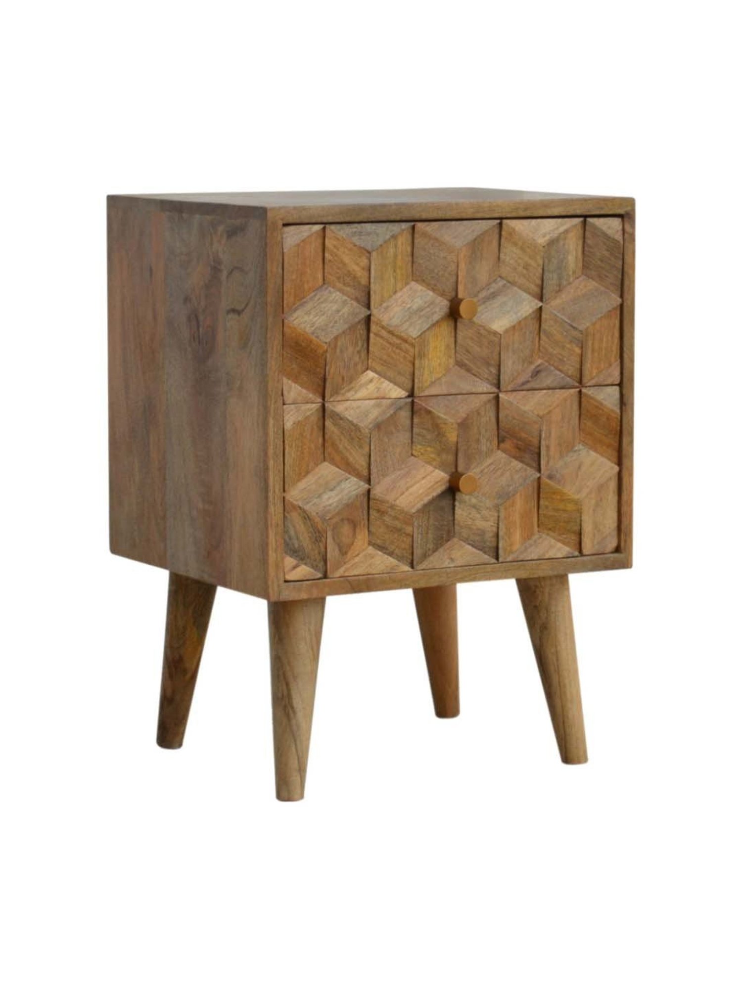 Artisan Furniture Textured Brown Cube Carved Bedside Table With Double Drawers
