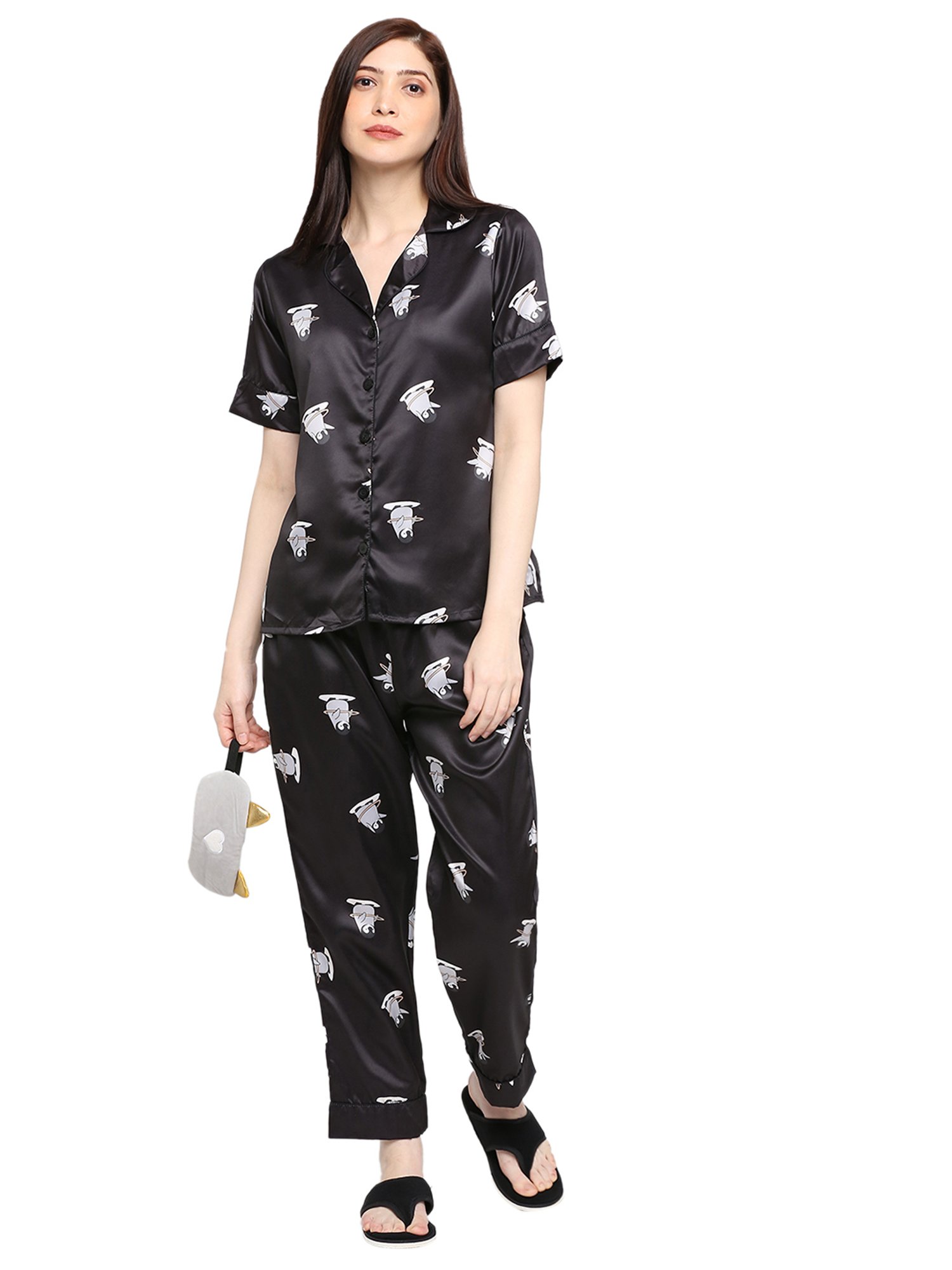 Smarty Pants Black and White Satin Print Shirt With Pyjamas