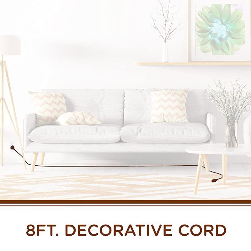 Designer 3-Outlet Extension Cord, 8 Ft Braided Cable, 2-Prong Power Strip, Slide-to-Lock Safety, Low-Profile Flat Plug, Polarized, ETL Listed, 39982-T1, 8 ft, Solid Brown, 8 ft