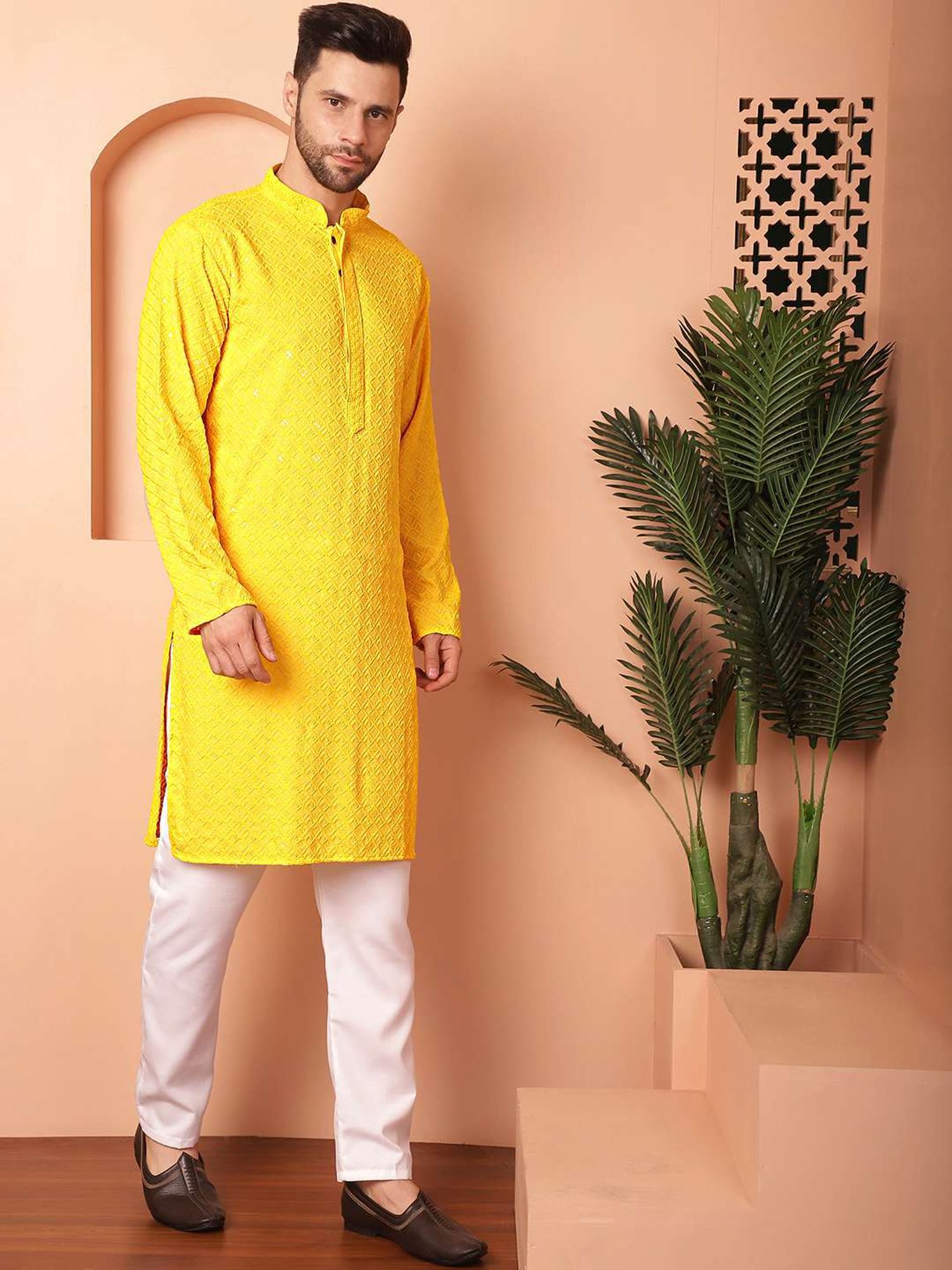 Jompers Yellow Regular Fit Embroidered Kurta Bottom Set