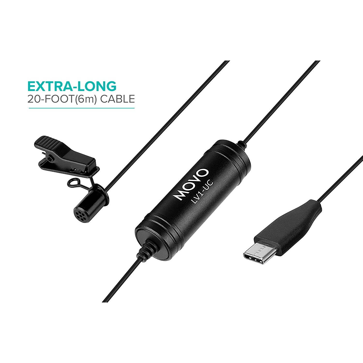 Movo LV1-UC Digital Lavalier Omnidirectional Clip-on Microphone with USB Type-C Connector Compatible with iPad Pro, Samsung Galaxy, LG, HTC Google Pixel, Google Nexus, Other USB-C Type Smartphones