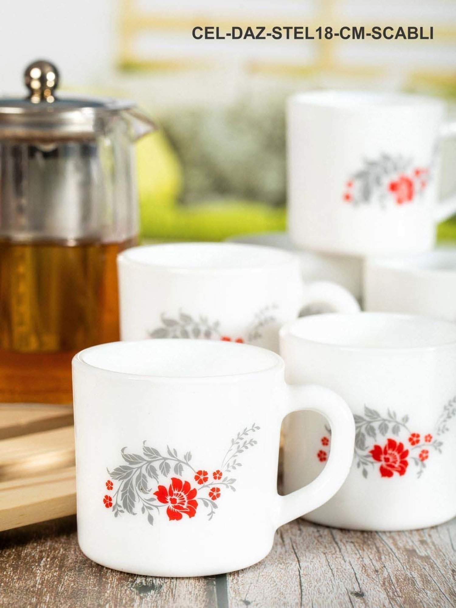 Cello Dazzle Stella White & Red Glass Coffee Mug (0.18 L) - Set of 6