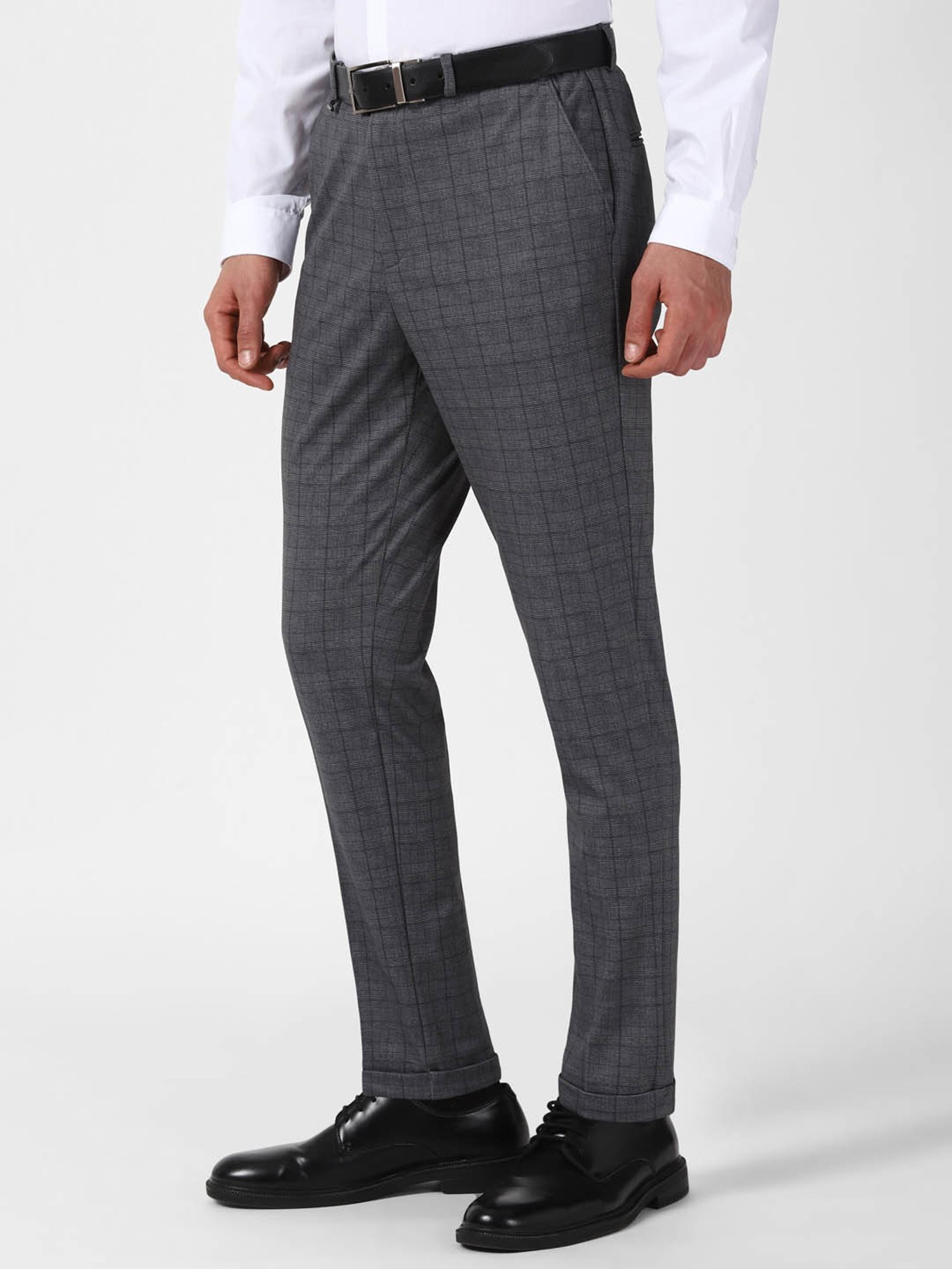Van Heusen Warm Grey Regular Fit Checks Trousers