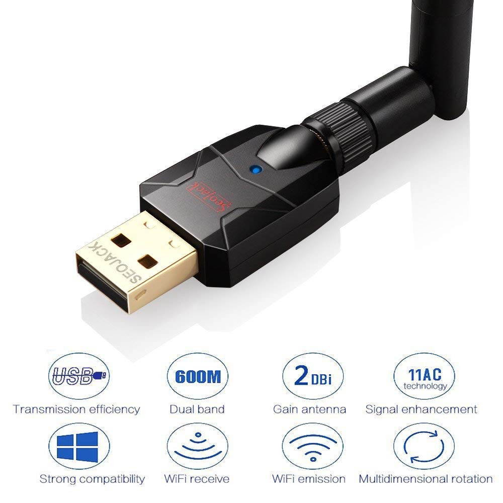 AC600 USB WiFi Adapter, 600Mbps Dual Band (2.4G/150Mbps + 5G/433Mbps) 802.11ac Wireless Network Card Adapter with External Antenna for Windows 10 / 8.1 / 8 / 7 / XP /Vista, MAC OS 10.4-10.13