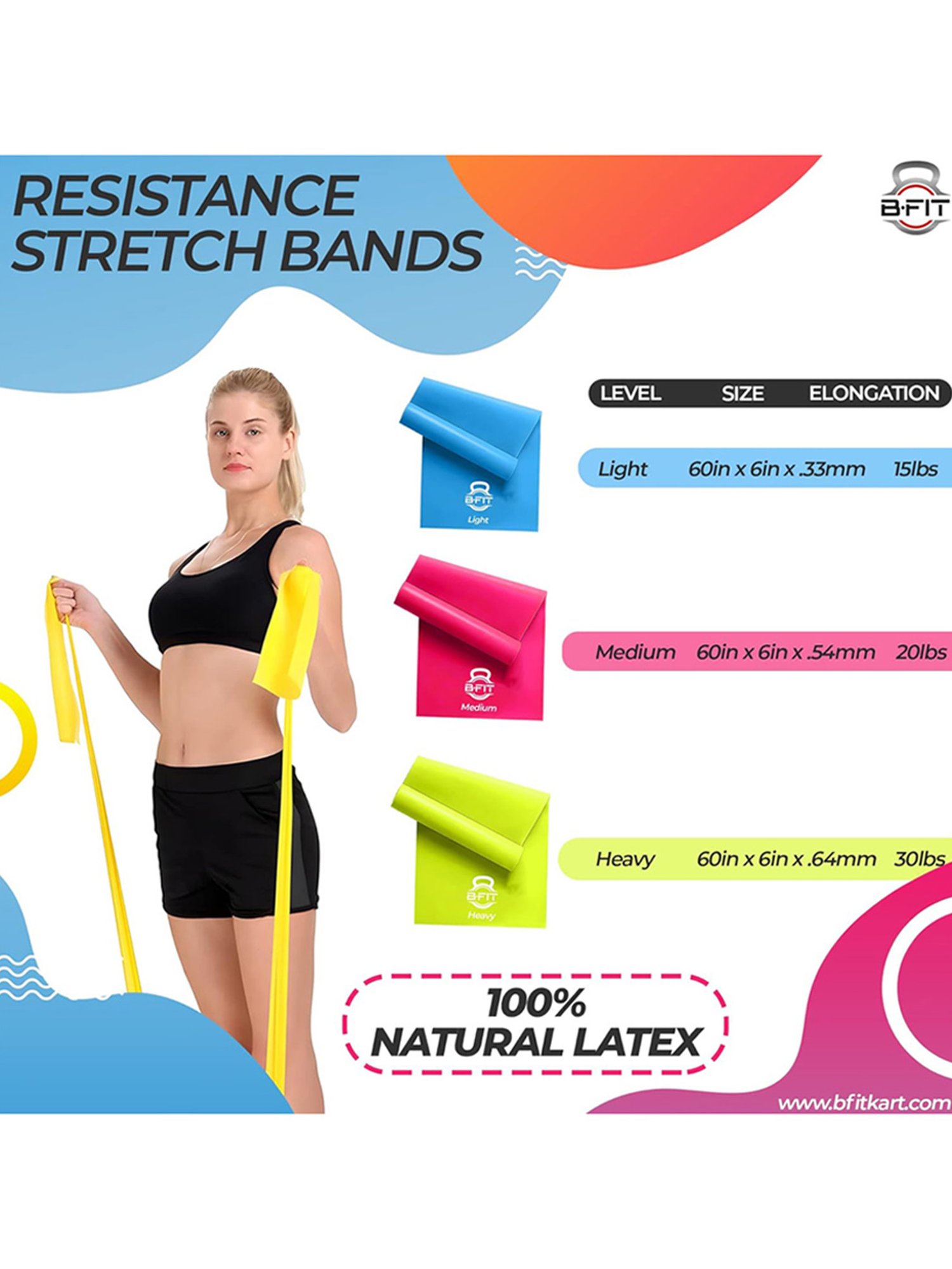 B Fit Exercise Rubber Stretch Resistance Bands Set of 3 (Multicolor)