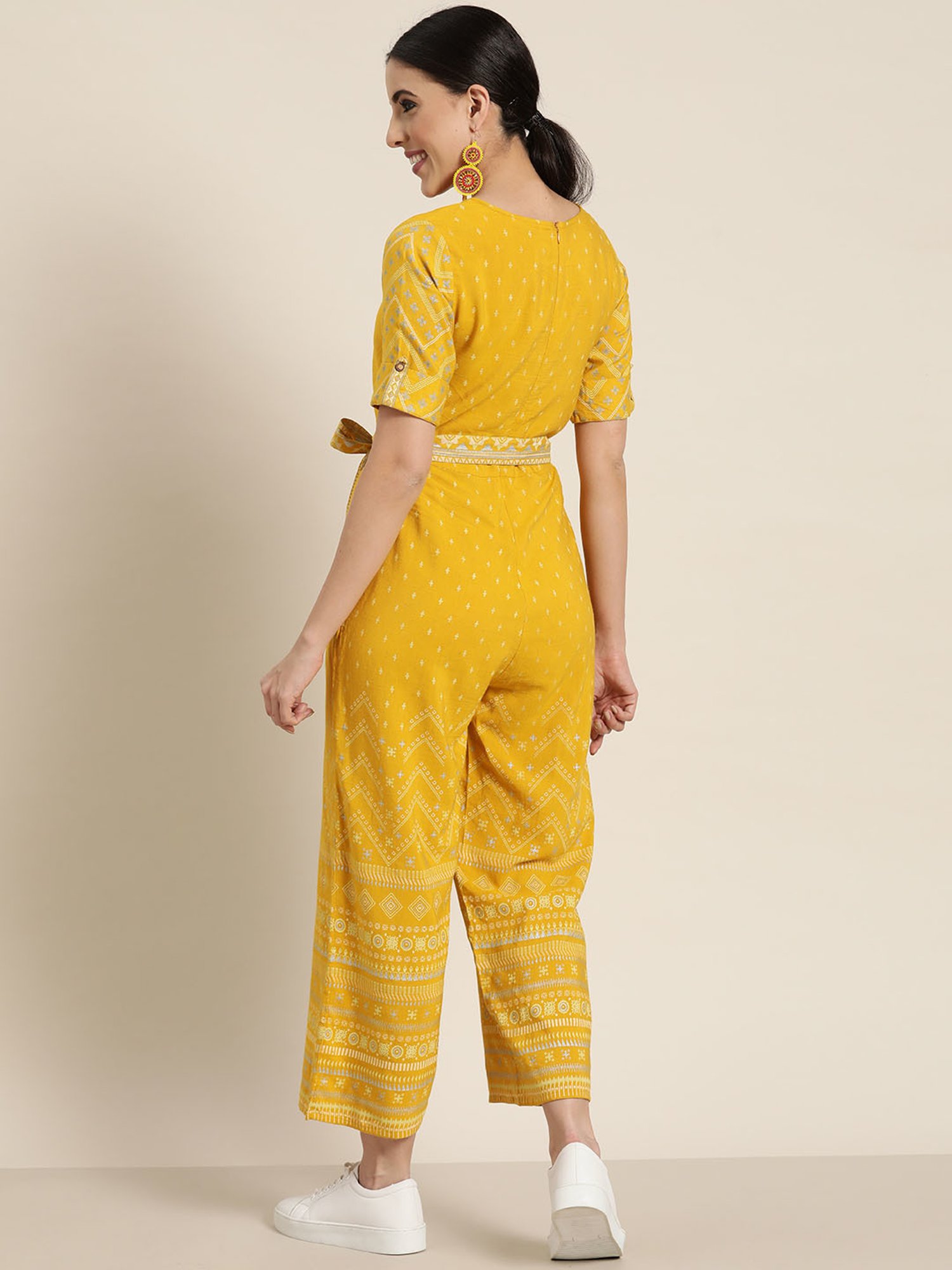 Juniper Mustard Ethnic Motif Printed Rayon Flex Jumpsuit