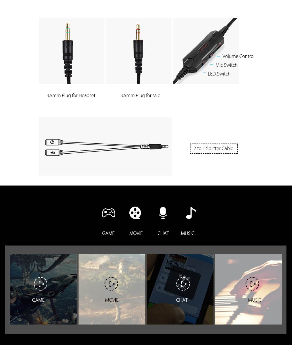 ONIKUMA M180 Stereo Gaming Headset 2.0m Cable LED Light Bass Over-ear Headphones with Mic for Computer Game