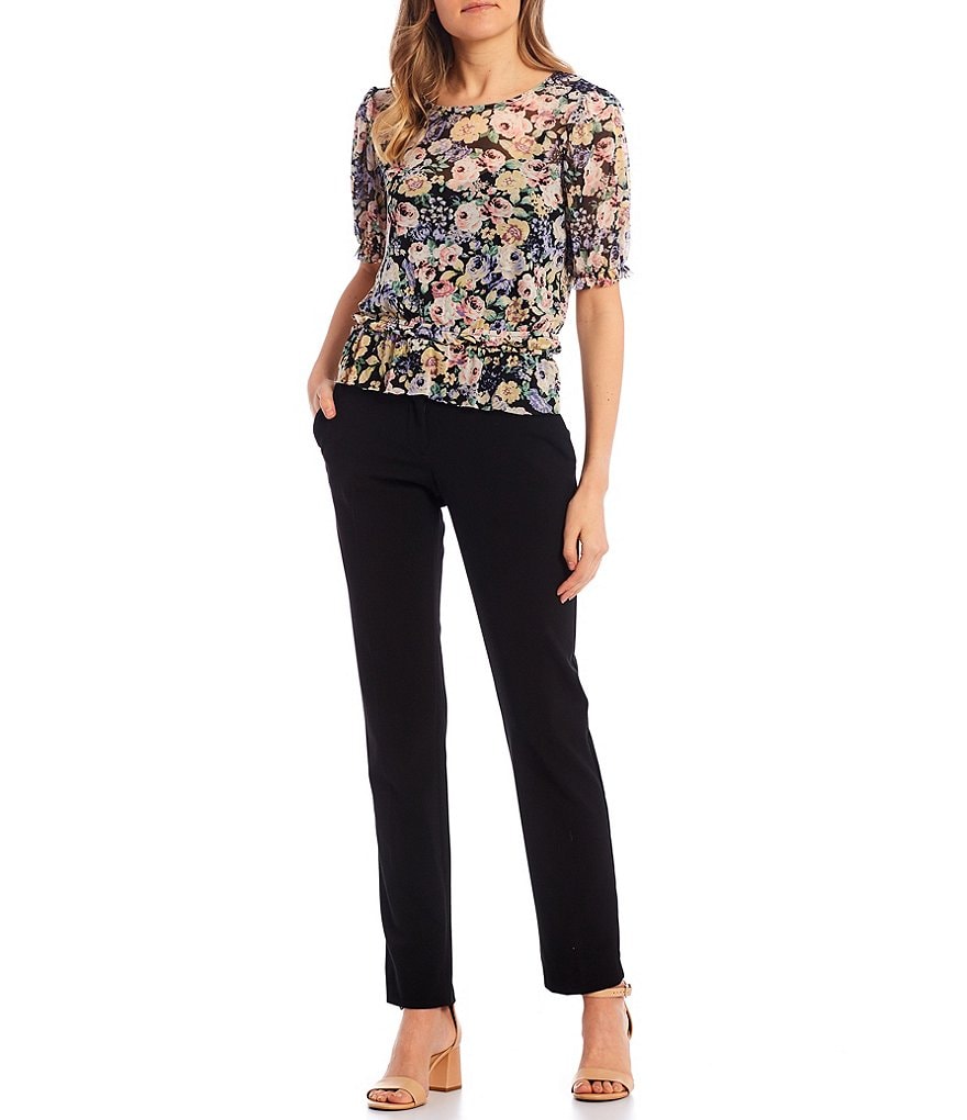 I.N. San Francisco Elbow-Sleeve Smocked Waist Floral Printed Peplum Top