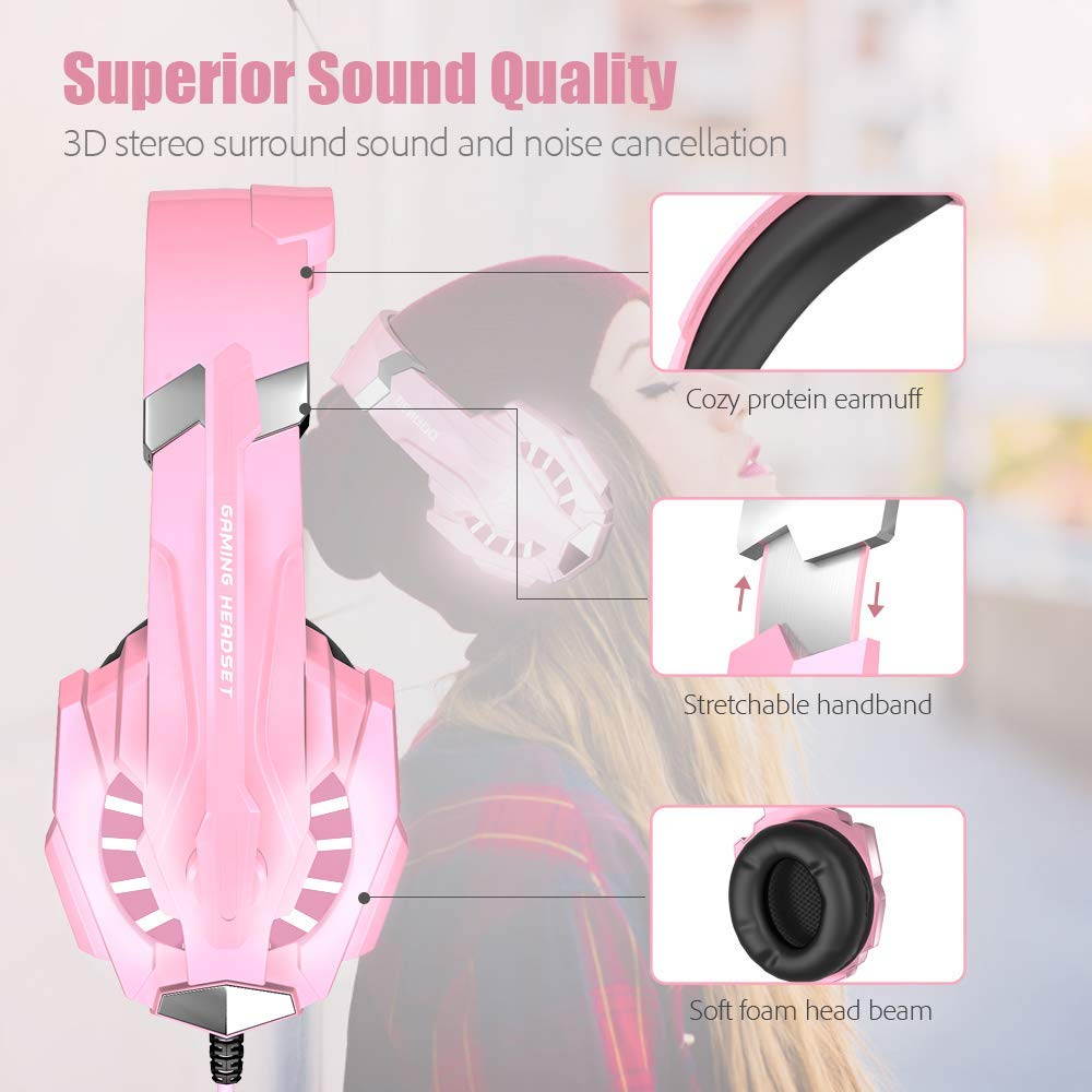 BENGOO Stereo Gaming Headset for PS4, PC, Xbox One Controller, Noise Cancelling Over Ear Headphones Mic, LED Light, Bass Surround, Soft Memory Earmuffs for Laptop Mac Nintendo Switch (Pink)