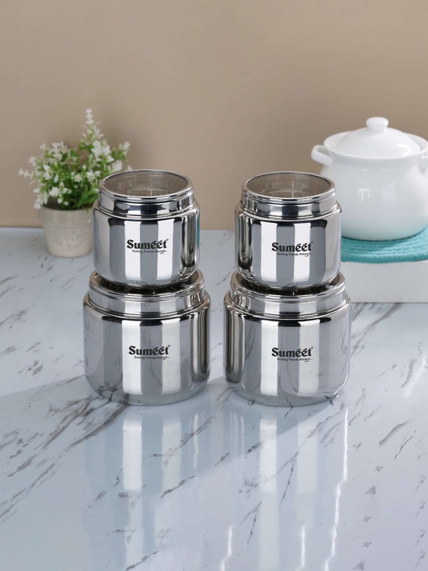 Sumeet S.S.Storage Containers with See Through Lid,4pc (400ml-2Pc with 9cm&800ml-2Pc with 11cm)