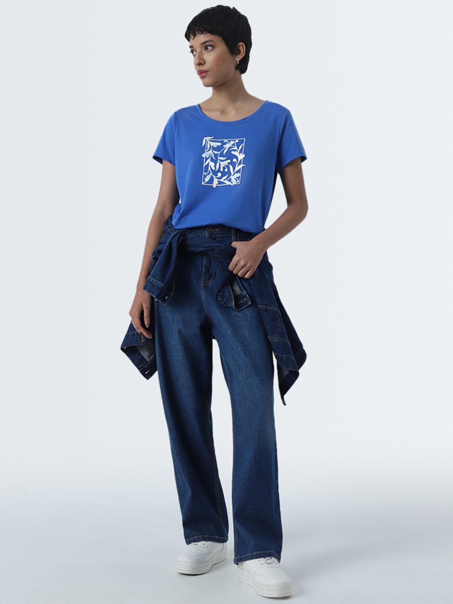 LOV by Westside Blue Floral Printed Cotton T-Shirt