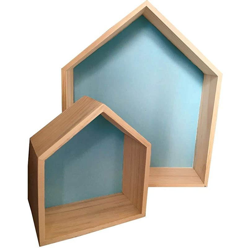 2PCS Wooden House-Shaped Wall Storage Shelf Kid's Room Decoration(Blue)